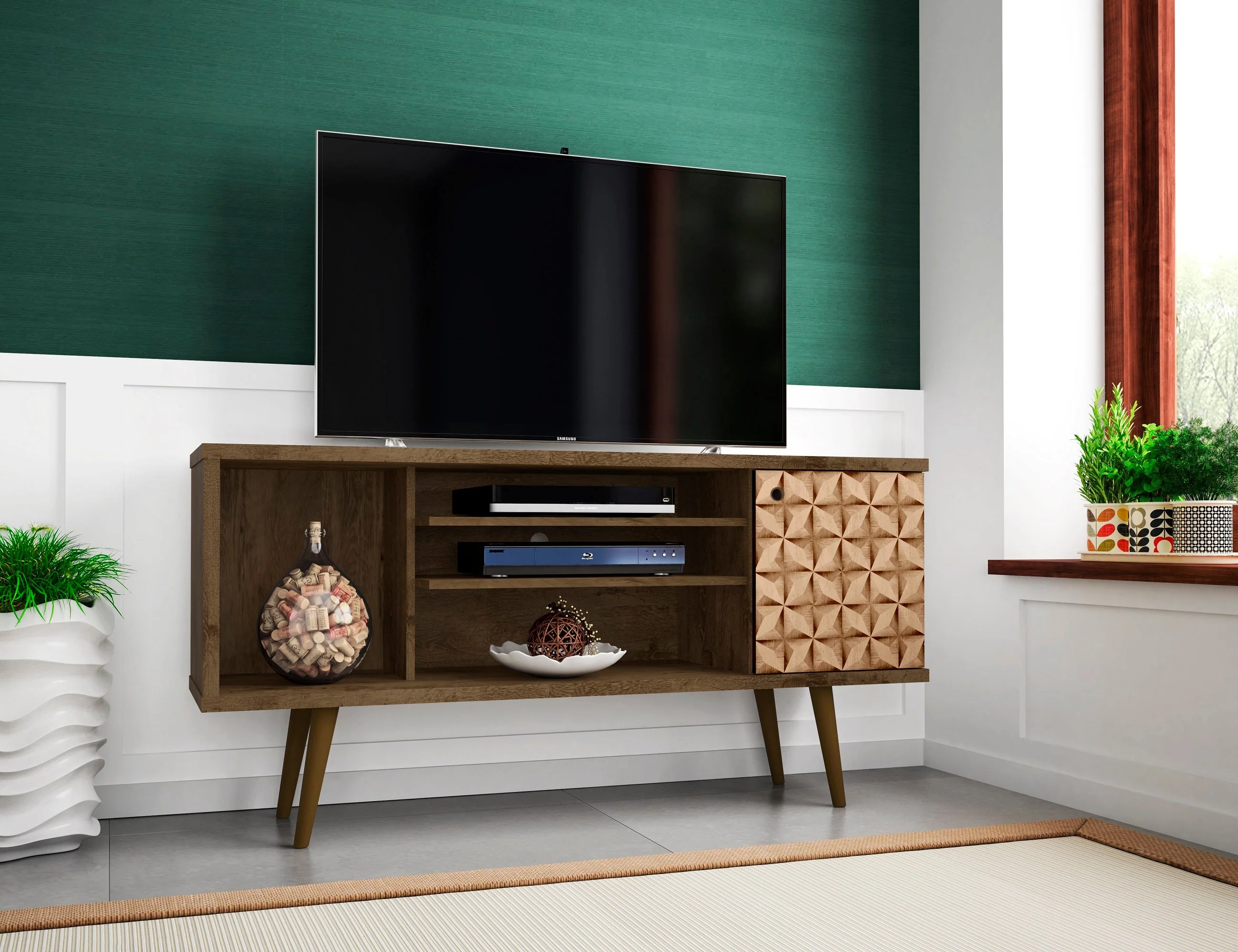 Liberty 53.14" Mid-Century Modern TV Stand in Rustic Brown and 3D Brown Prints - Image 2