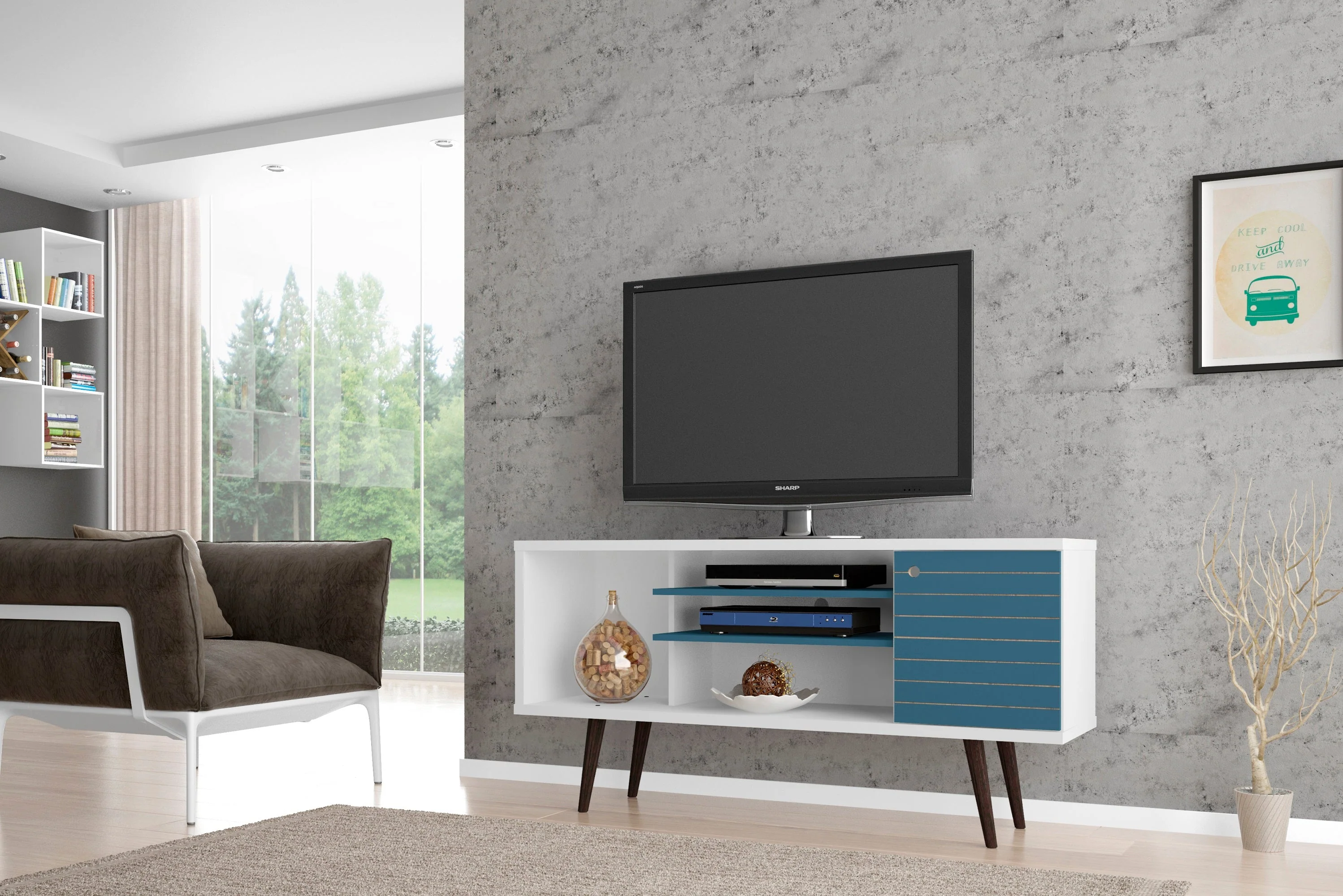 Liberty 53.14" Mid-Century Modern TV Stand in White and Aqua Blue - Image 2