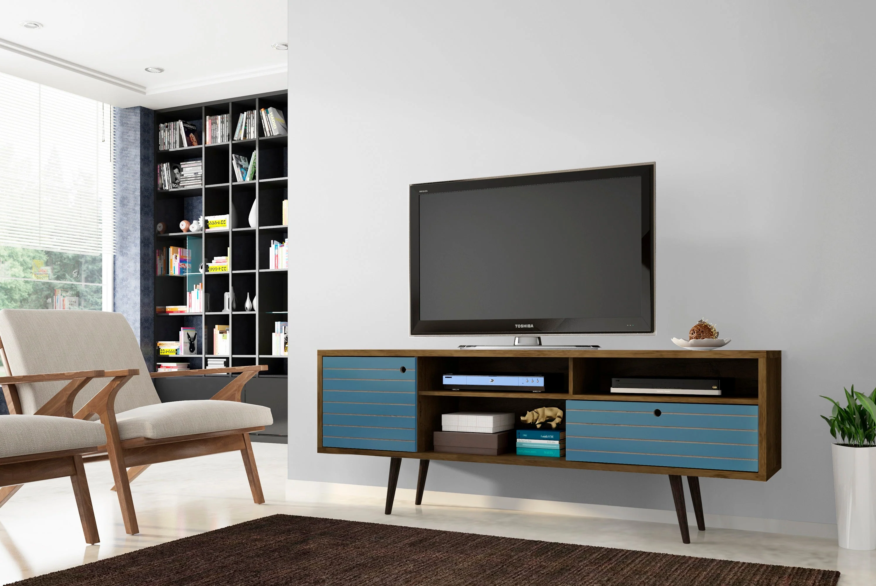Liberty 70.86" Mid-Century Modern TV Stand in Rustic Brown and Aqua Blue - Image 2