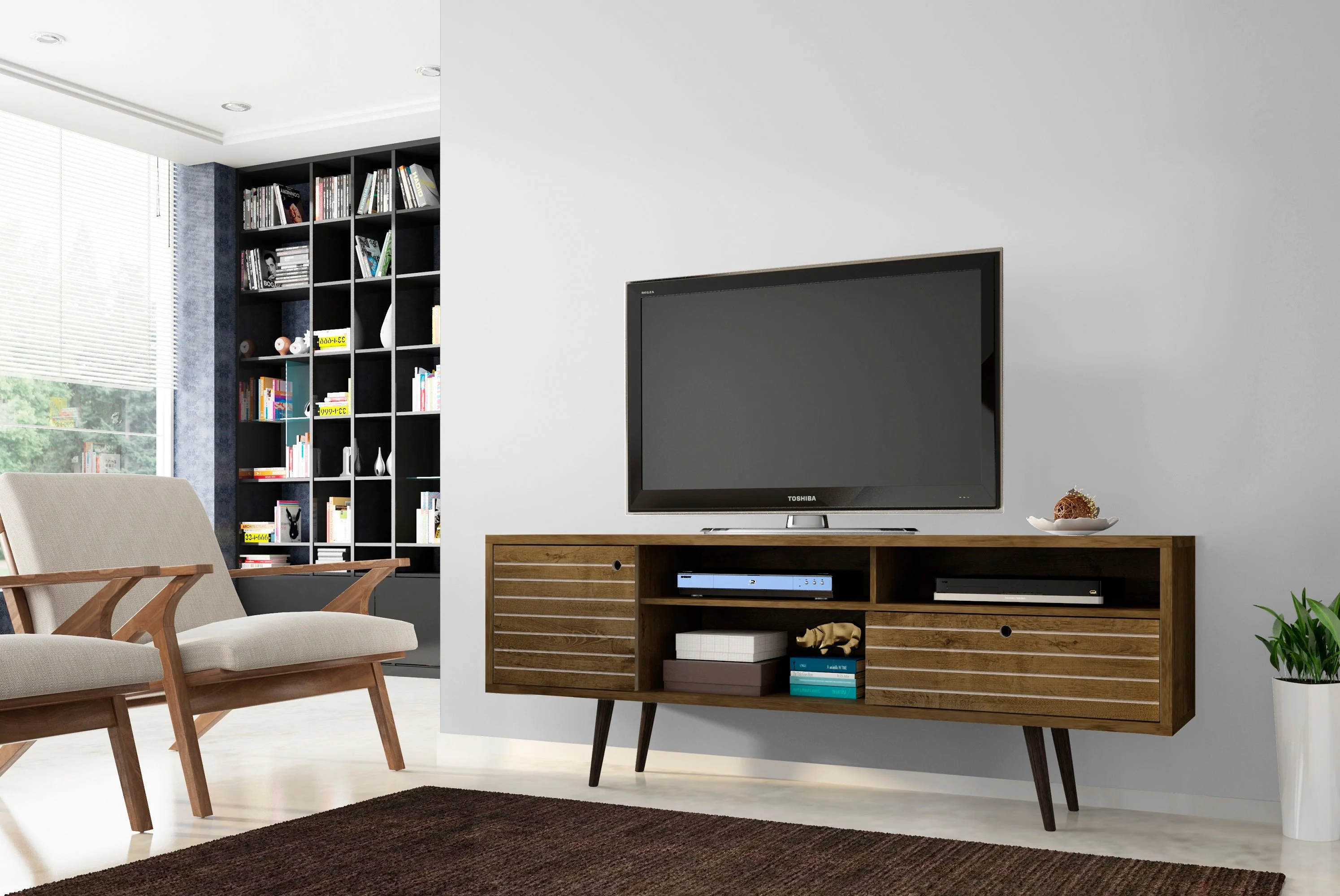 Liberty 70.86" Mid-Century Modern TV Stand in Rustic Brown - Image 2