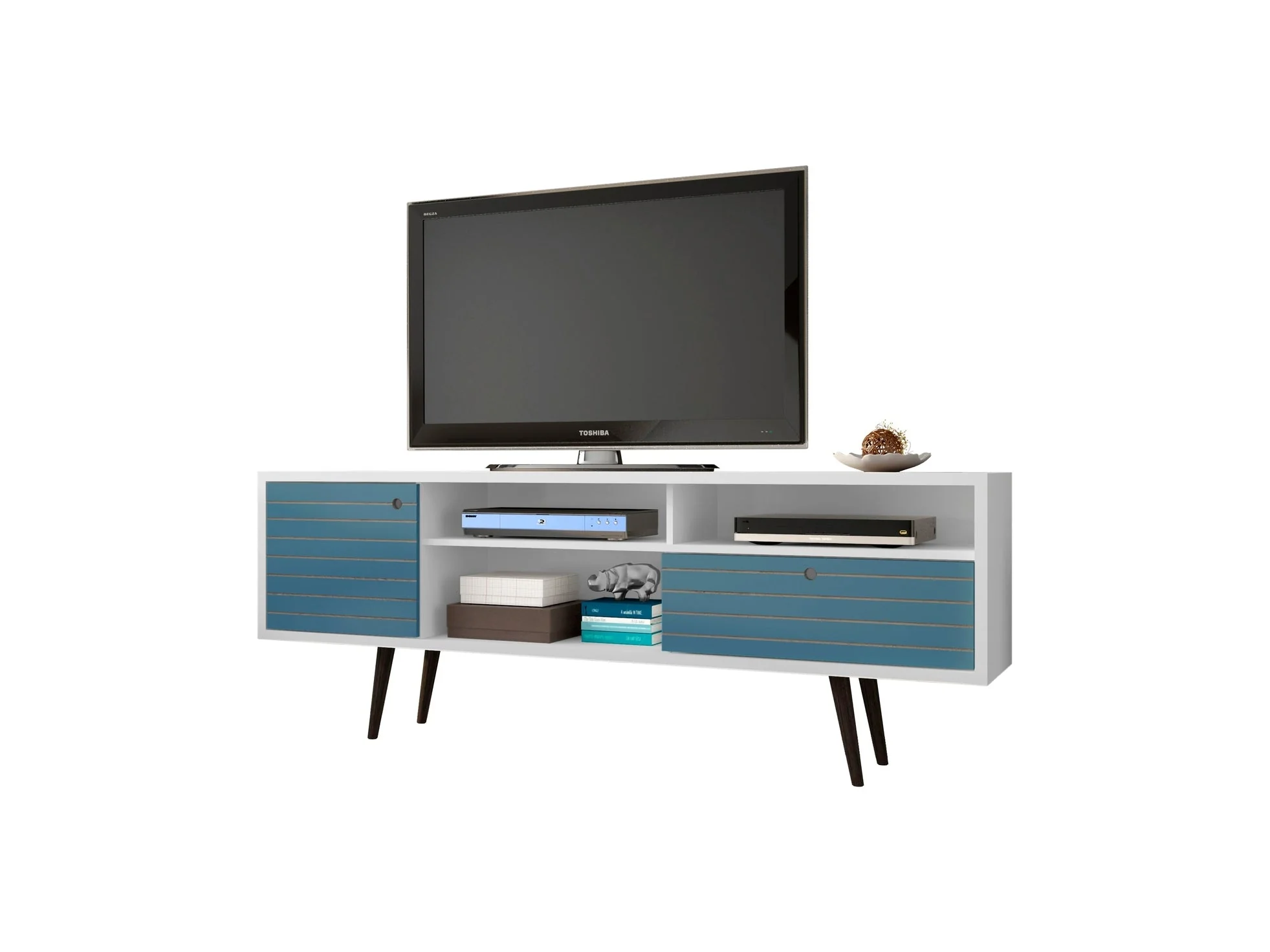 Liberty 70.86" Mid-Century Modern TV Stand in White and Aqua Blue