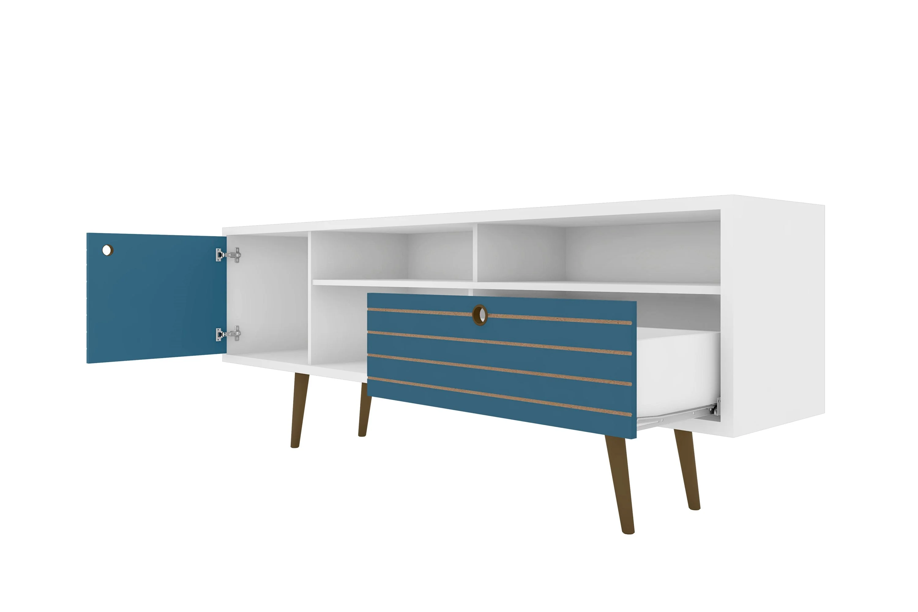 Liberty 70.86" Mid-Century Modern TV Stand in White and Aqua Blue - Image 4