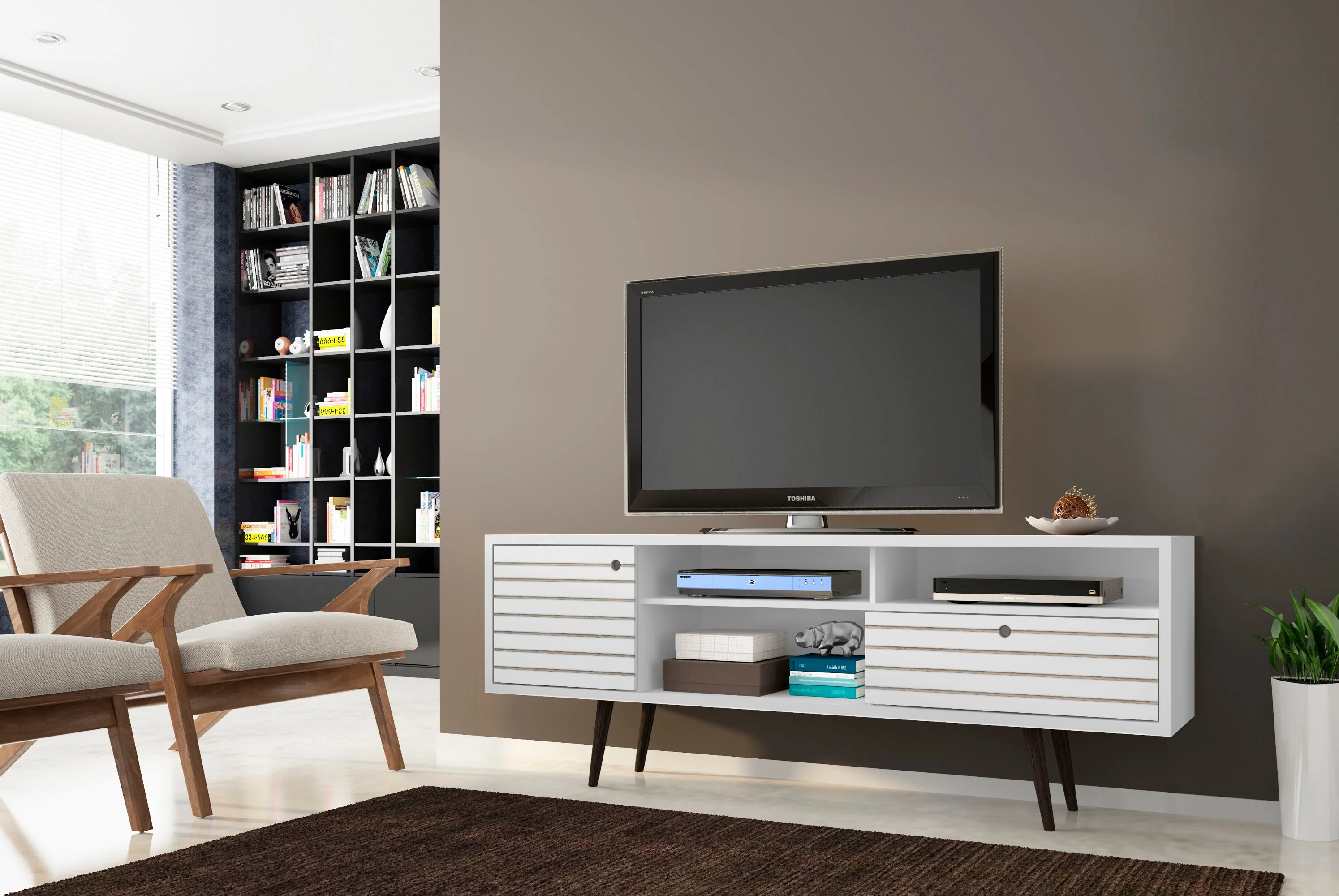 Liberty 70.86" Mid-Century Modern TV Stand in White - Image 2