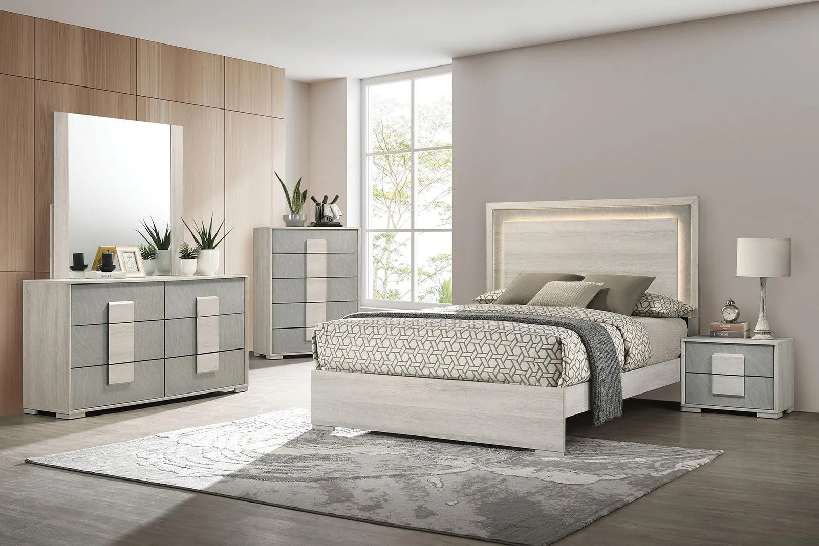 Lincolt Whitewash/Stone Gray LED King Panel Bed - Image 2