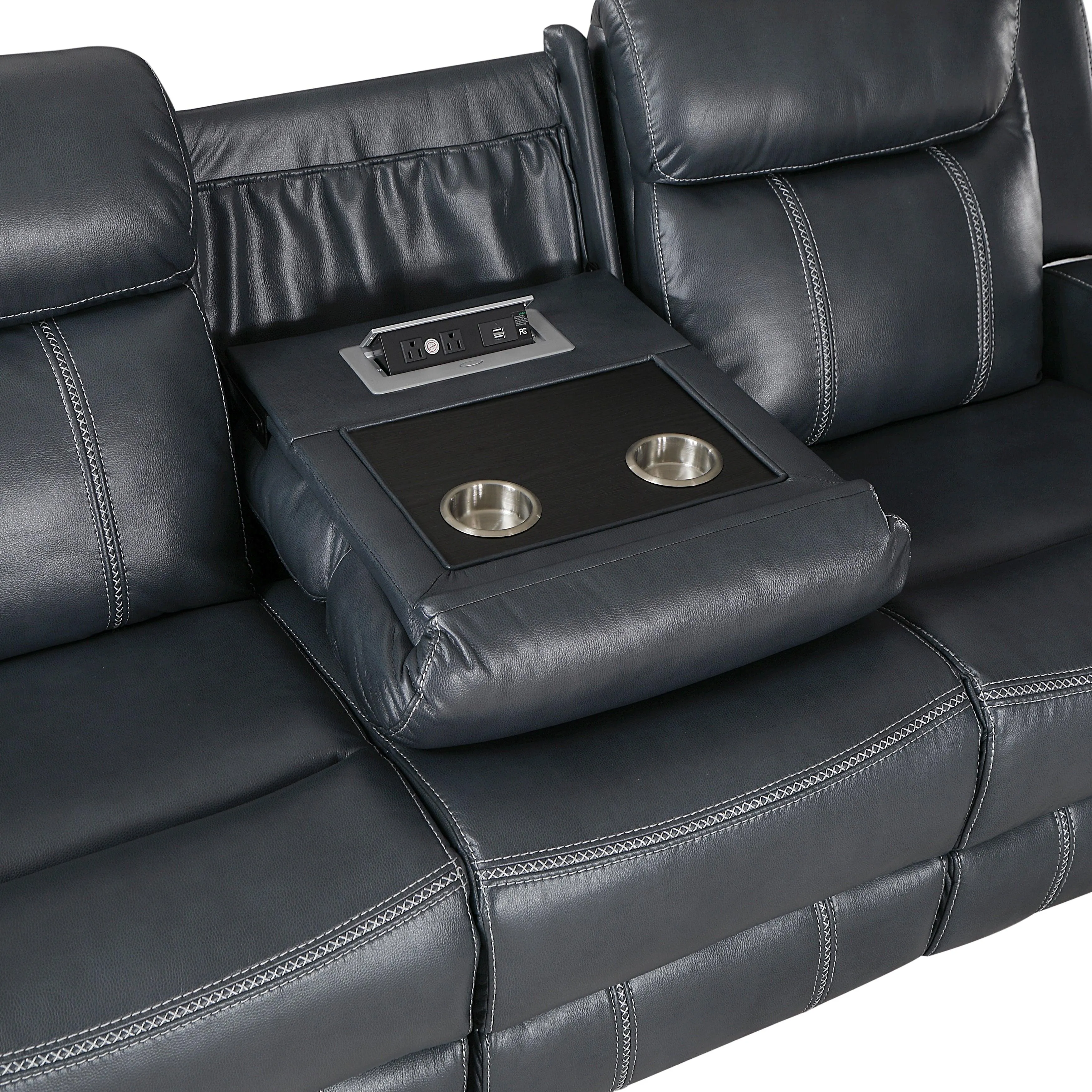 Littleton Blue Double Reclining Sofa with Center Drop-Down Cup Holders, Magazine bag, Receptacles and USB Ports - Image 7