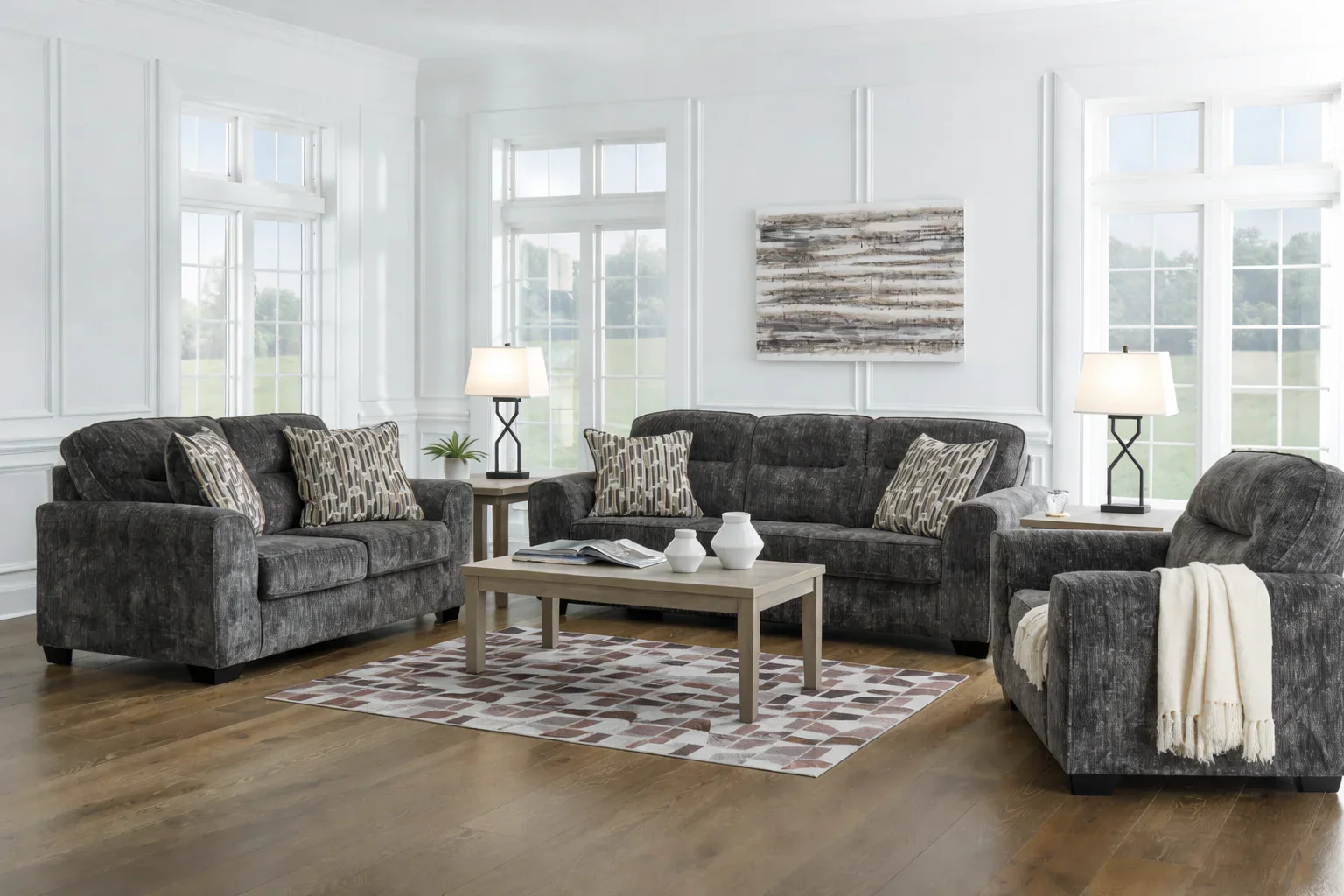 Lonoke Gunmetal Sofa, Loveseat and Oversized Chair
