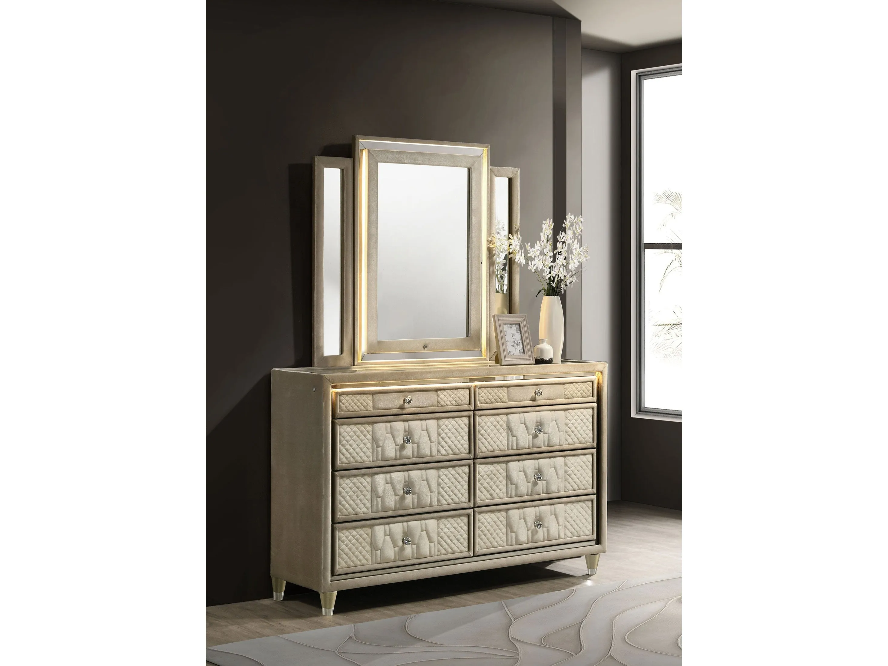 Lorient Ivory/Camel 8-drawer LED Dresser with Mirror