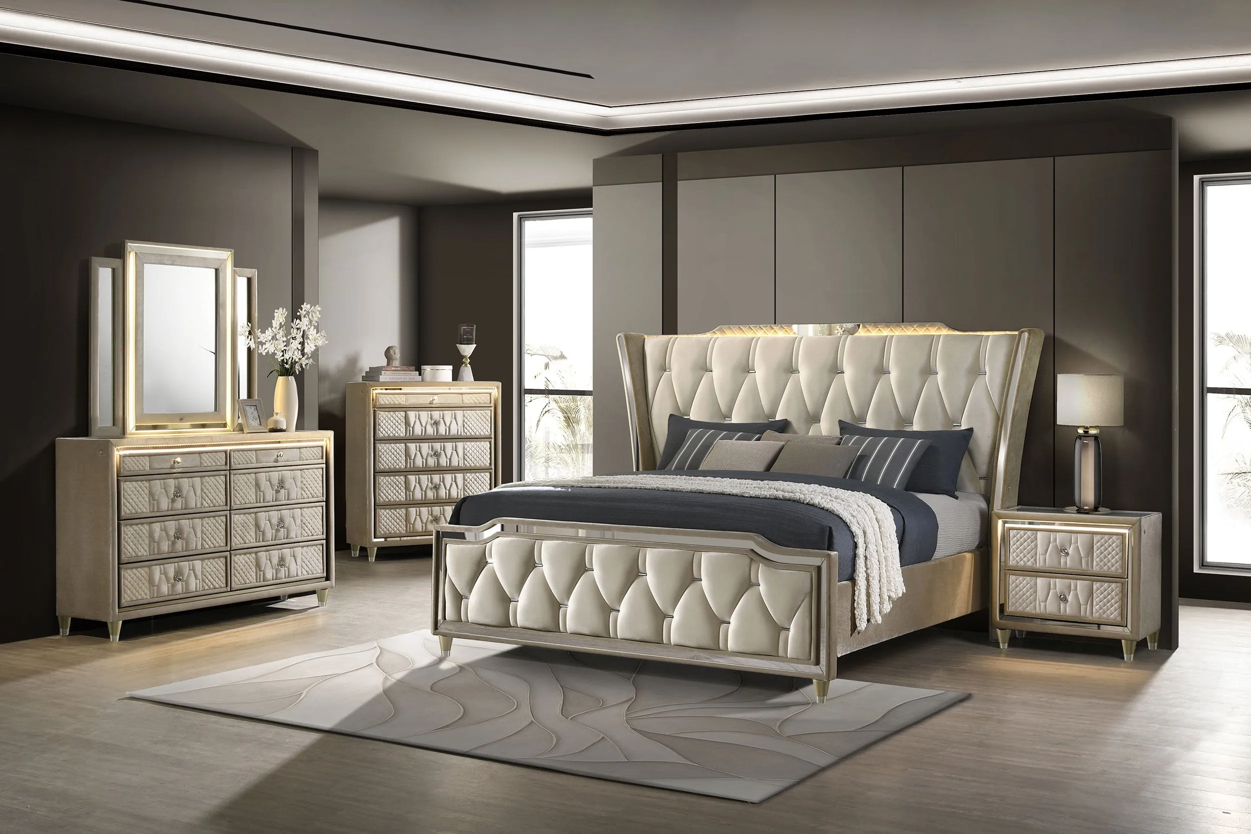 Lorient Ivory/Camel 8-drawer LED Dresser with Mirror - Image 15