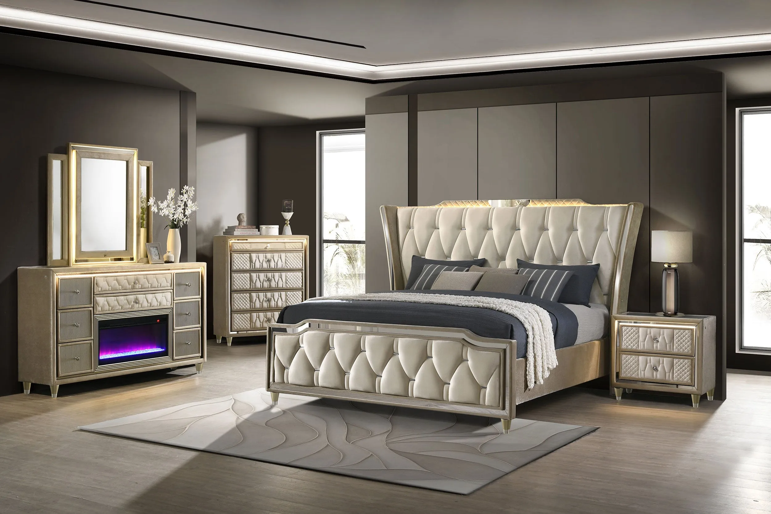 Lorient Ivory/Camel 8-drawer LED Dresser with Mirror - Image 16