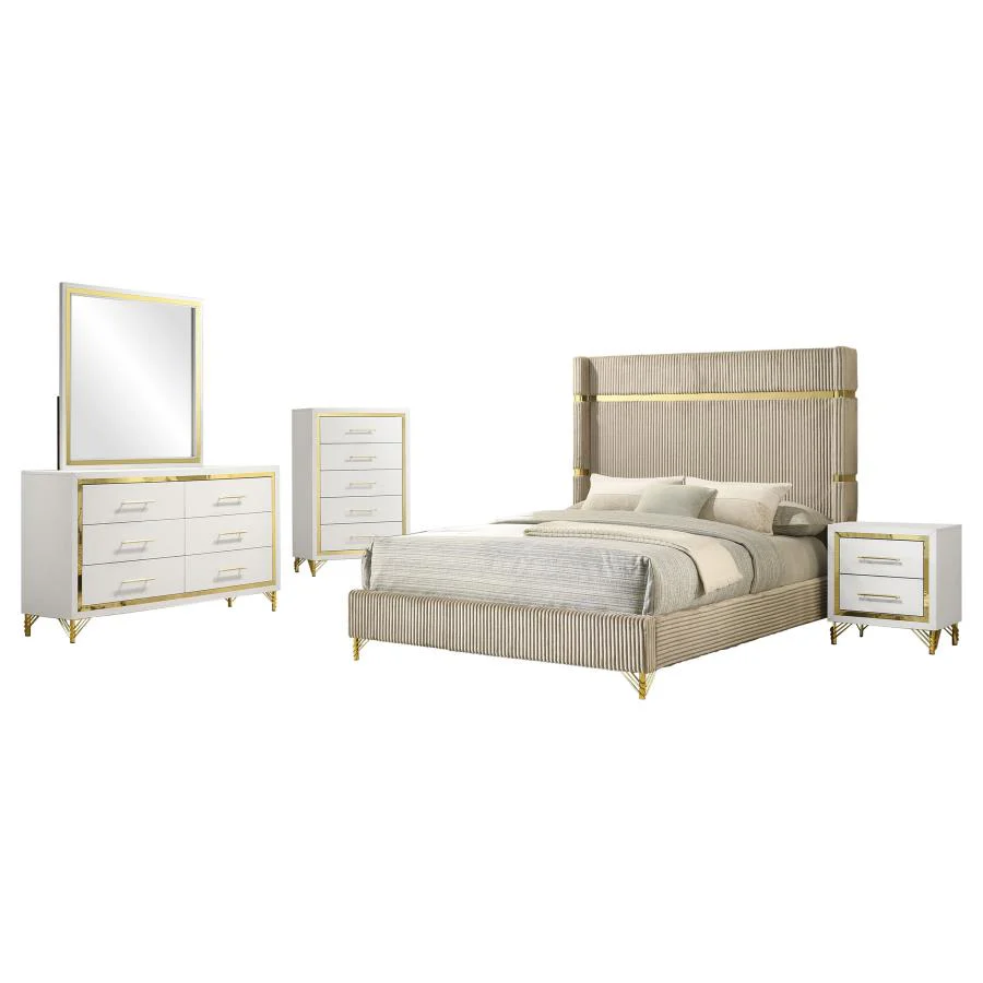 Lucia Beige 5-Piece Queen Bedroom Set with Upholstered Wingback Panel Bed - Image 2