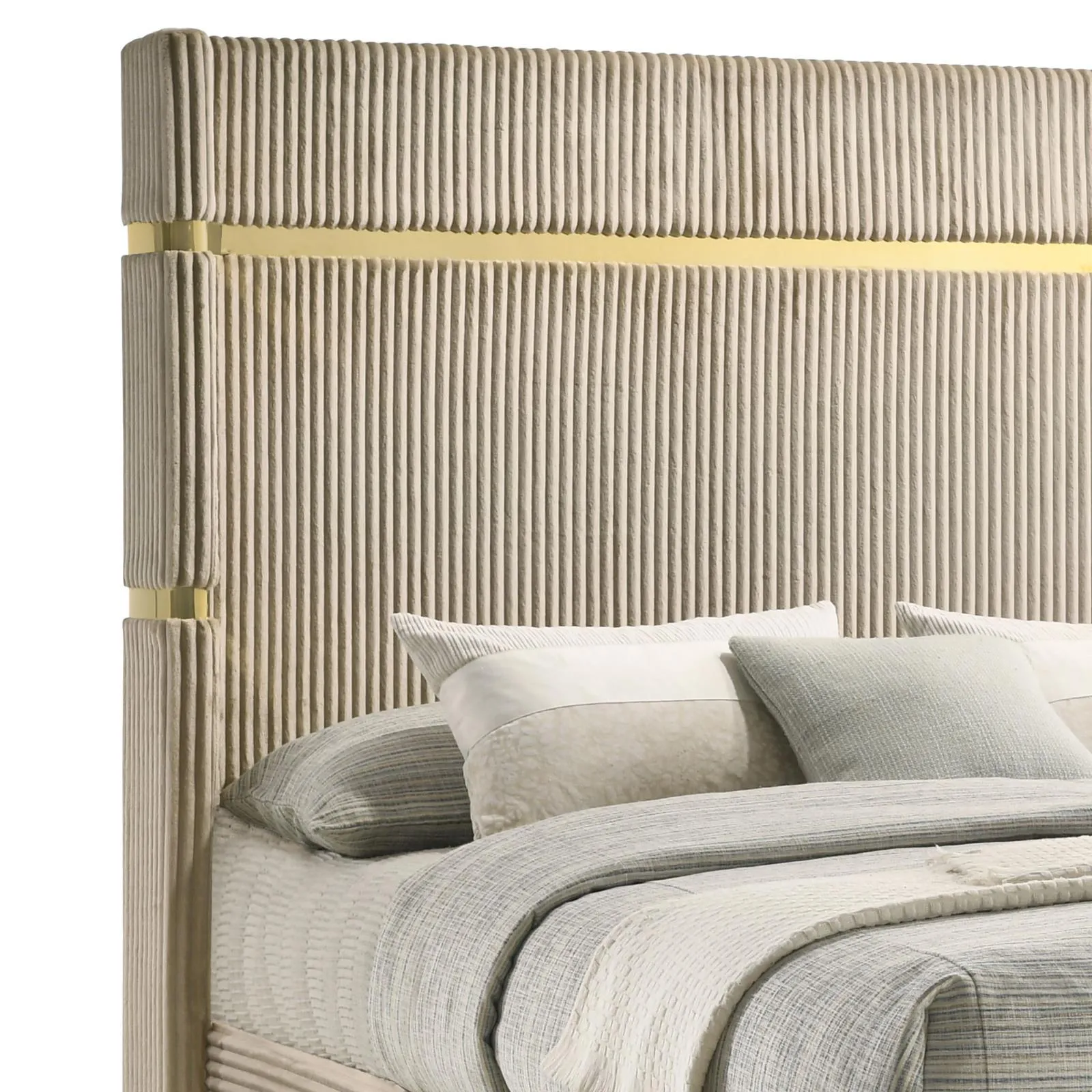 Lucia Beige Upholstered Eastern King Wingback Panel Bed - Image 5