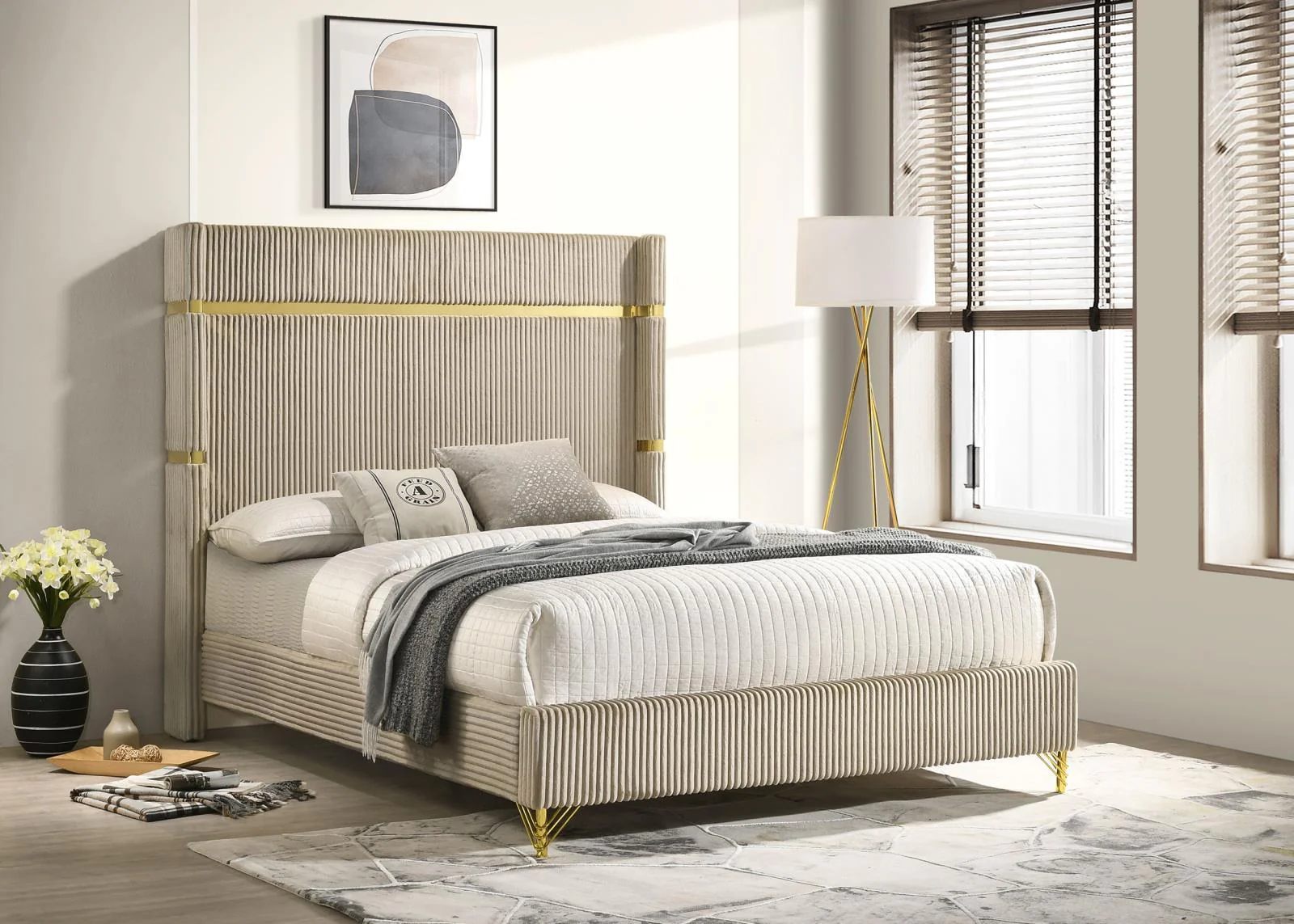 Lucia Beige Upholstered Queen Wingback Panel Bed