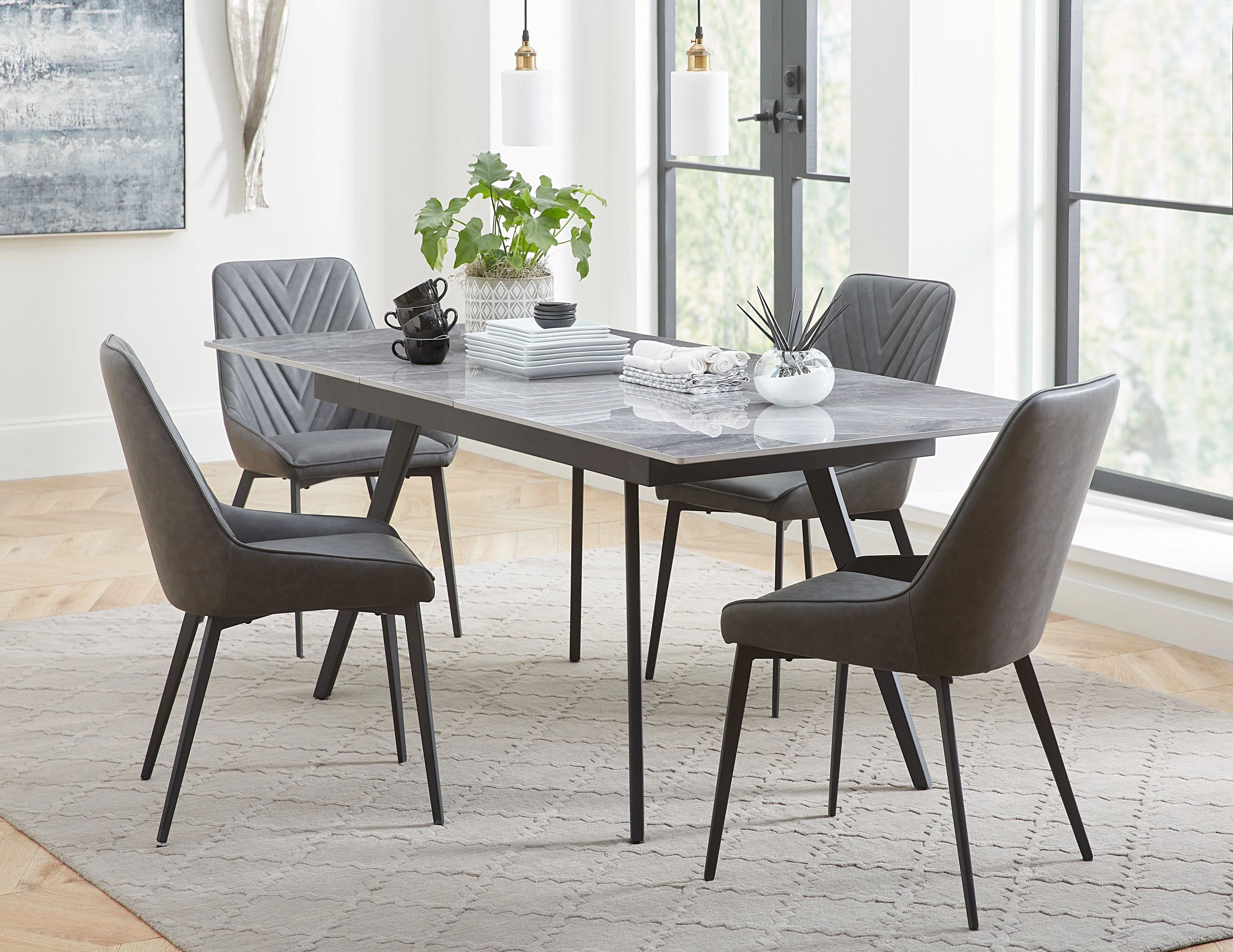 Lucia Upholstered Dining Chair in Charcoal Synthetic Leather and Black Metal (Set of 2) - Image 2