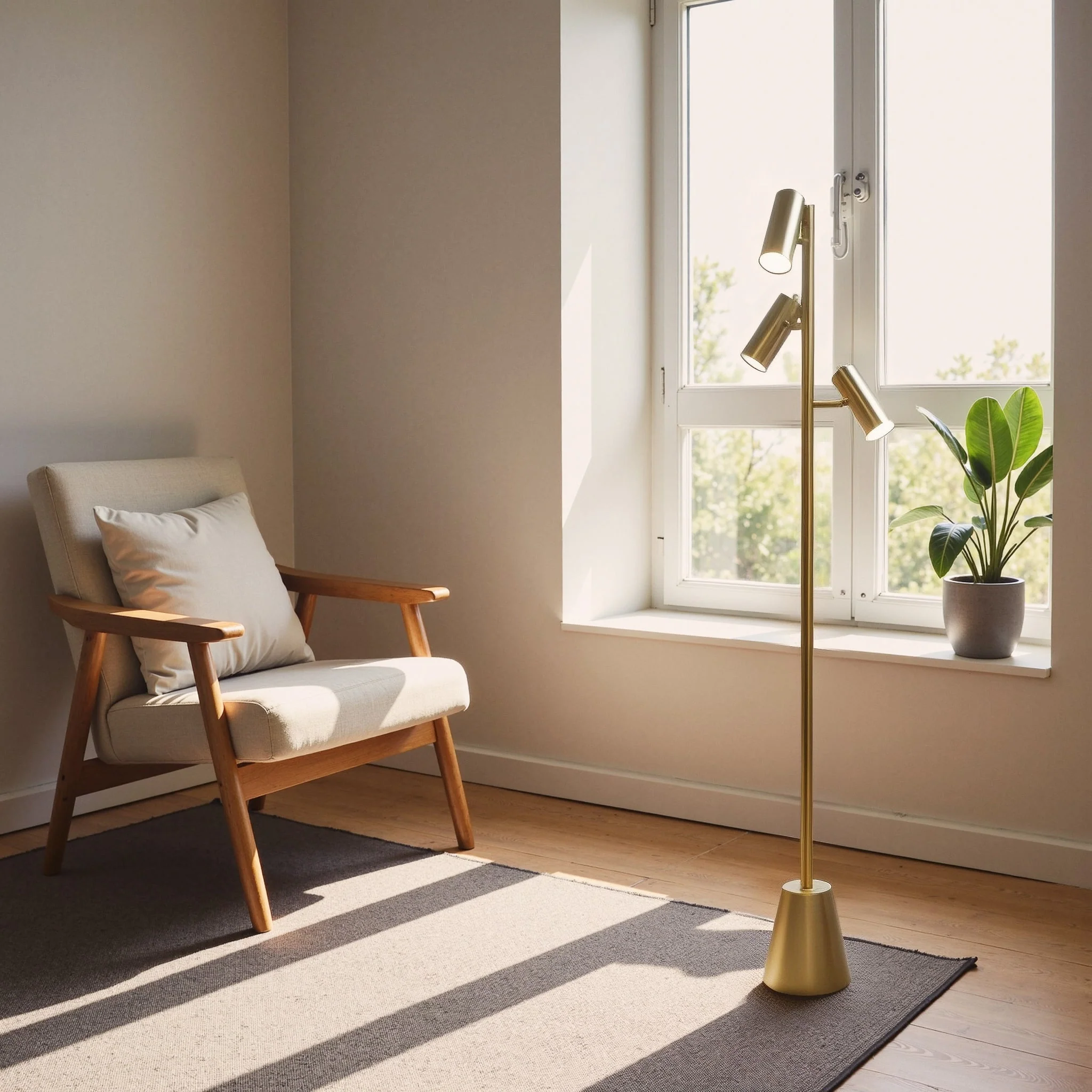 Lumina Brassed Gold Floor Lamp with Rotary Switch Triple Spots Metal Cone Base - Image 2