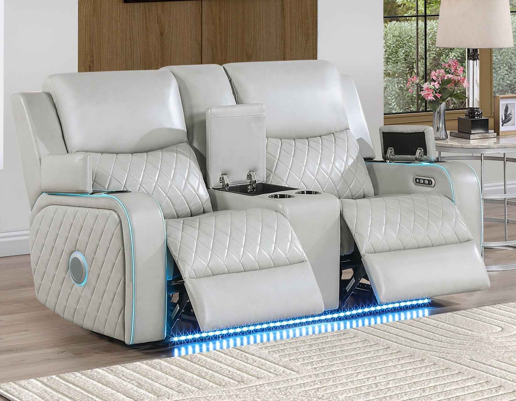 Luna Home Cinema Power Reclining Console Loveseat, Ice Vegan Leather - Image 3