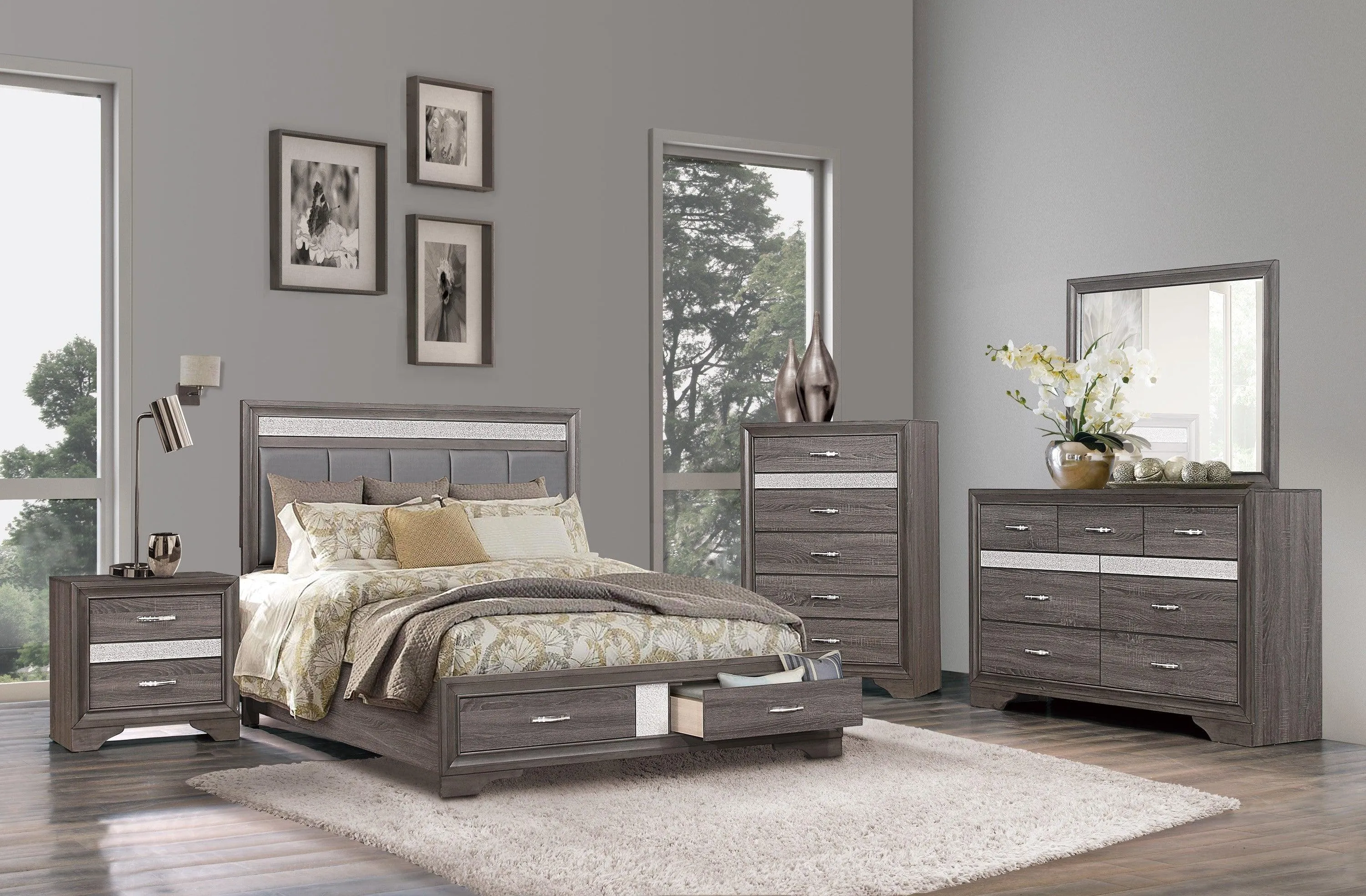 Luster Gray Upholstered Storage Platform Bedroom Set - Image 3
