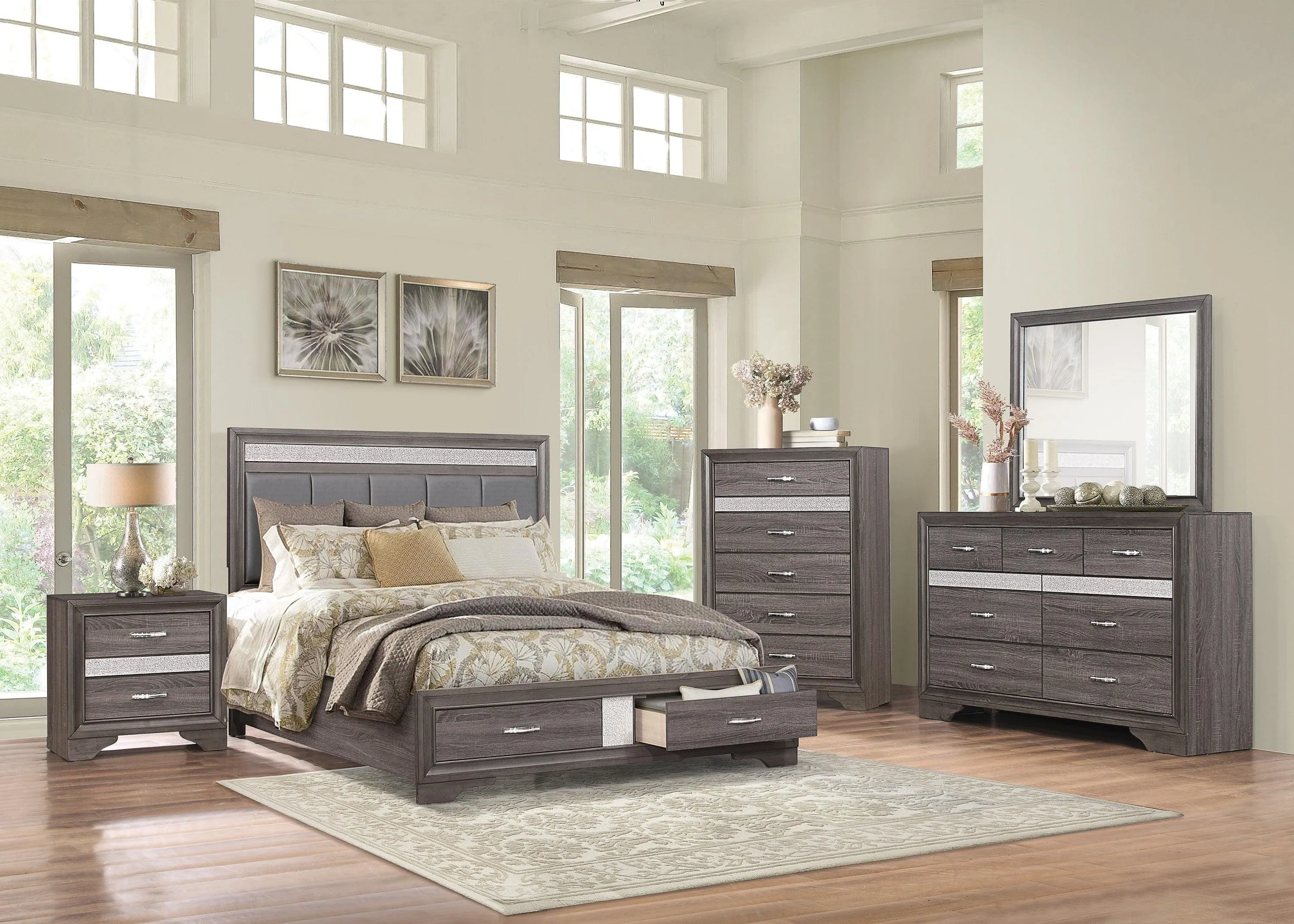 Luster Gray Upholstered Storage Platform Bedroom Set - Image 4