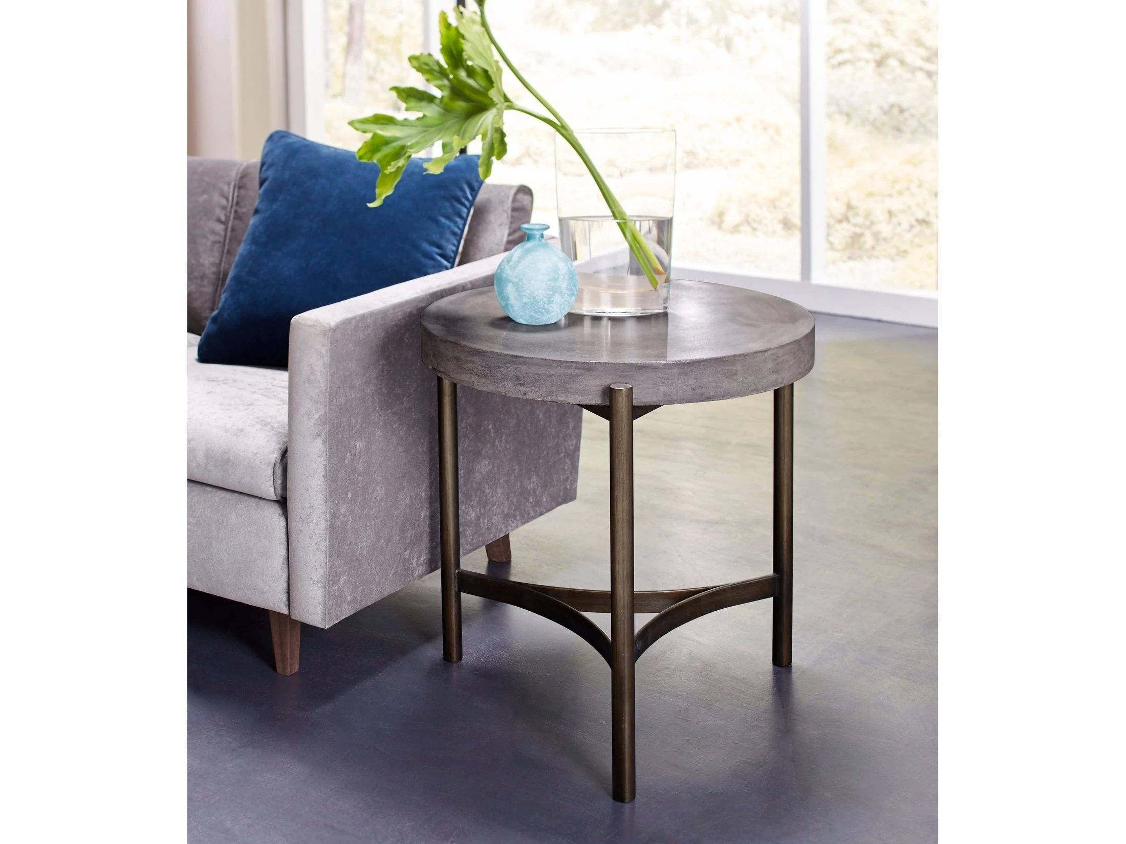 Lyon Round Natural Concrete and Metal Side Table