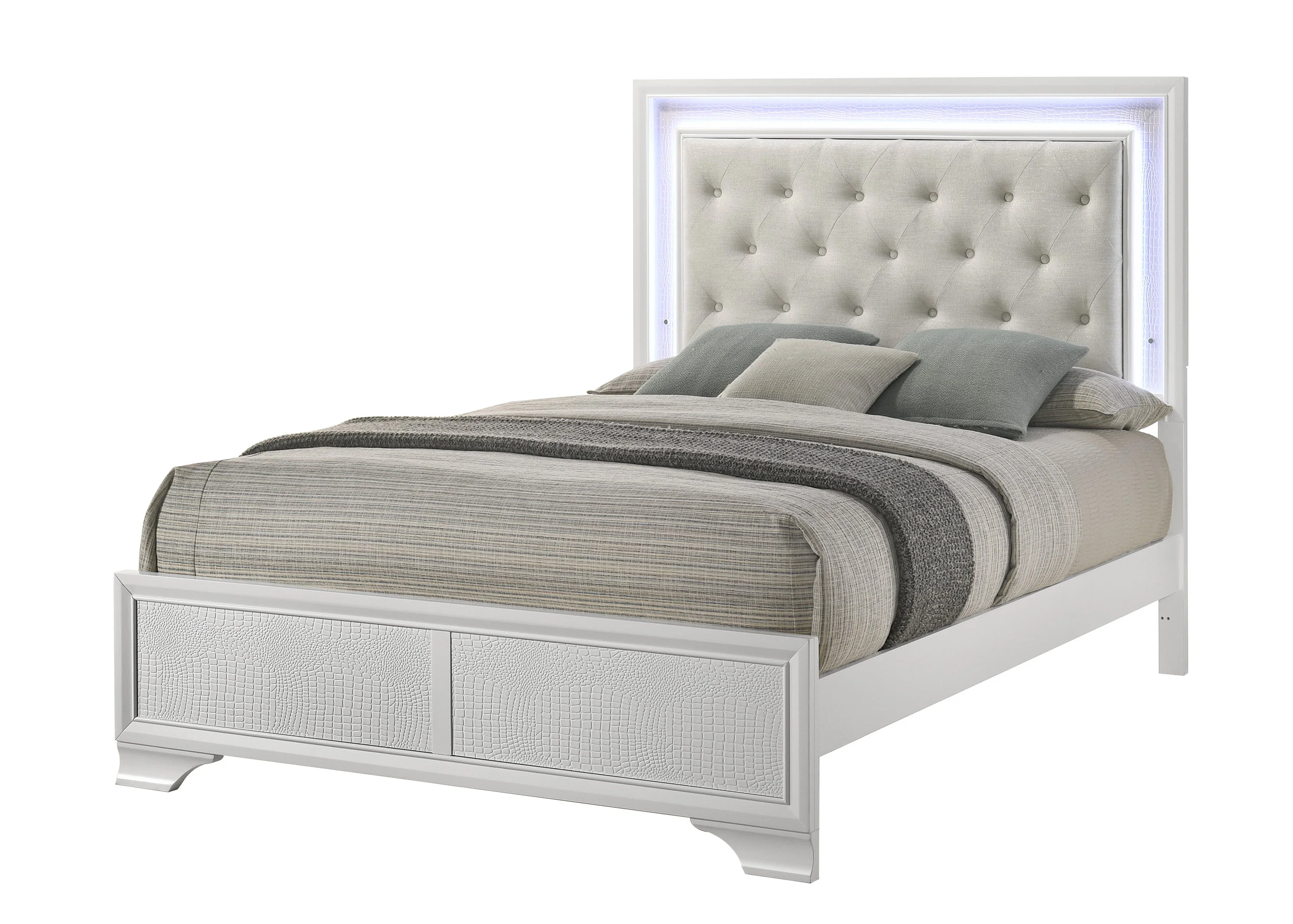 Lyssa Oat and Frost Queen LED Upholstered Panel Bed - Image 4