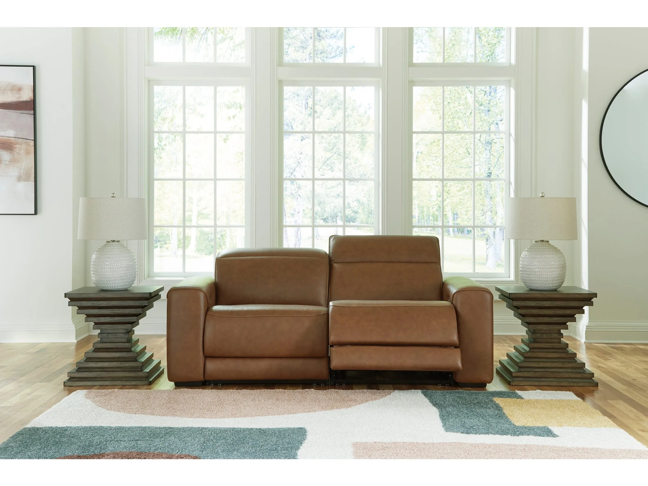 Magic Man Caramel 2-Piece Dual Power Leather Reclining Modular Loveseat