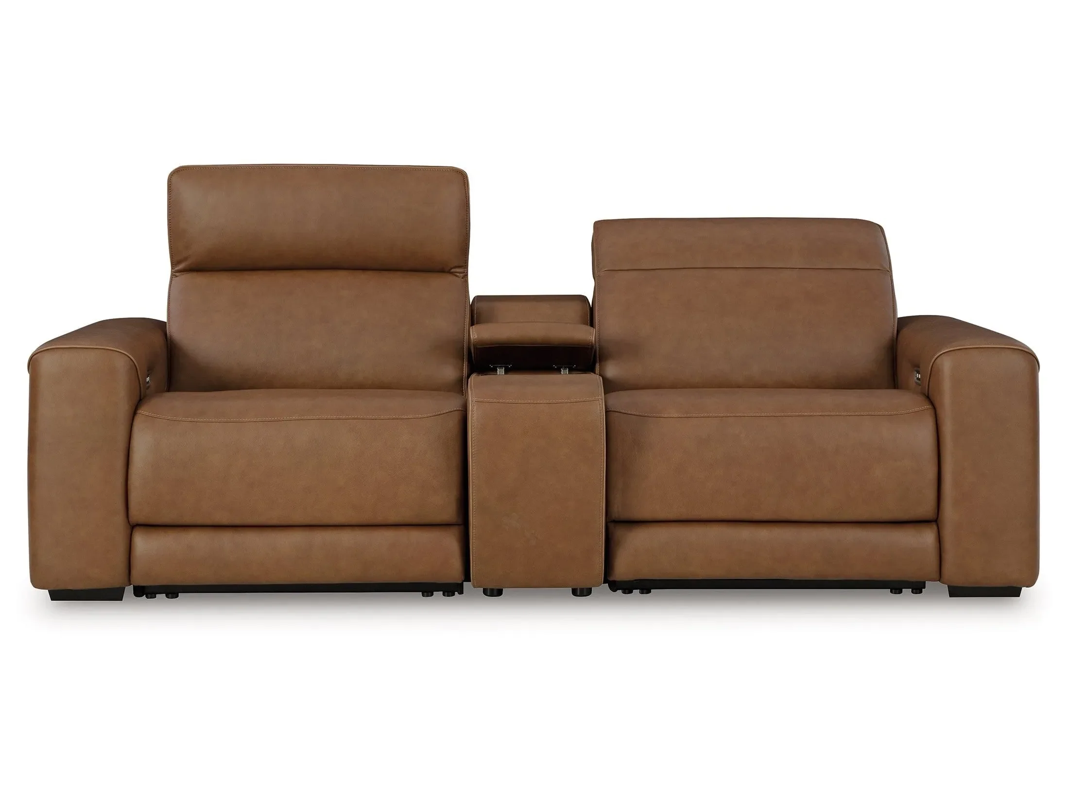 Magic Man Caramel Dual Power Leather Reclining Modular Loveseat with Console