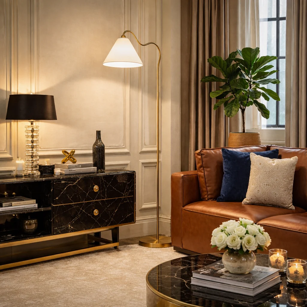 Majestic Brass Ring Base Curved Floor Lamp - Image 4