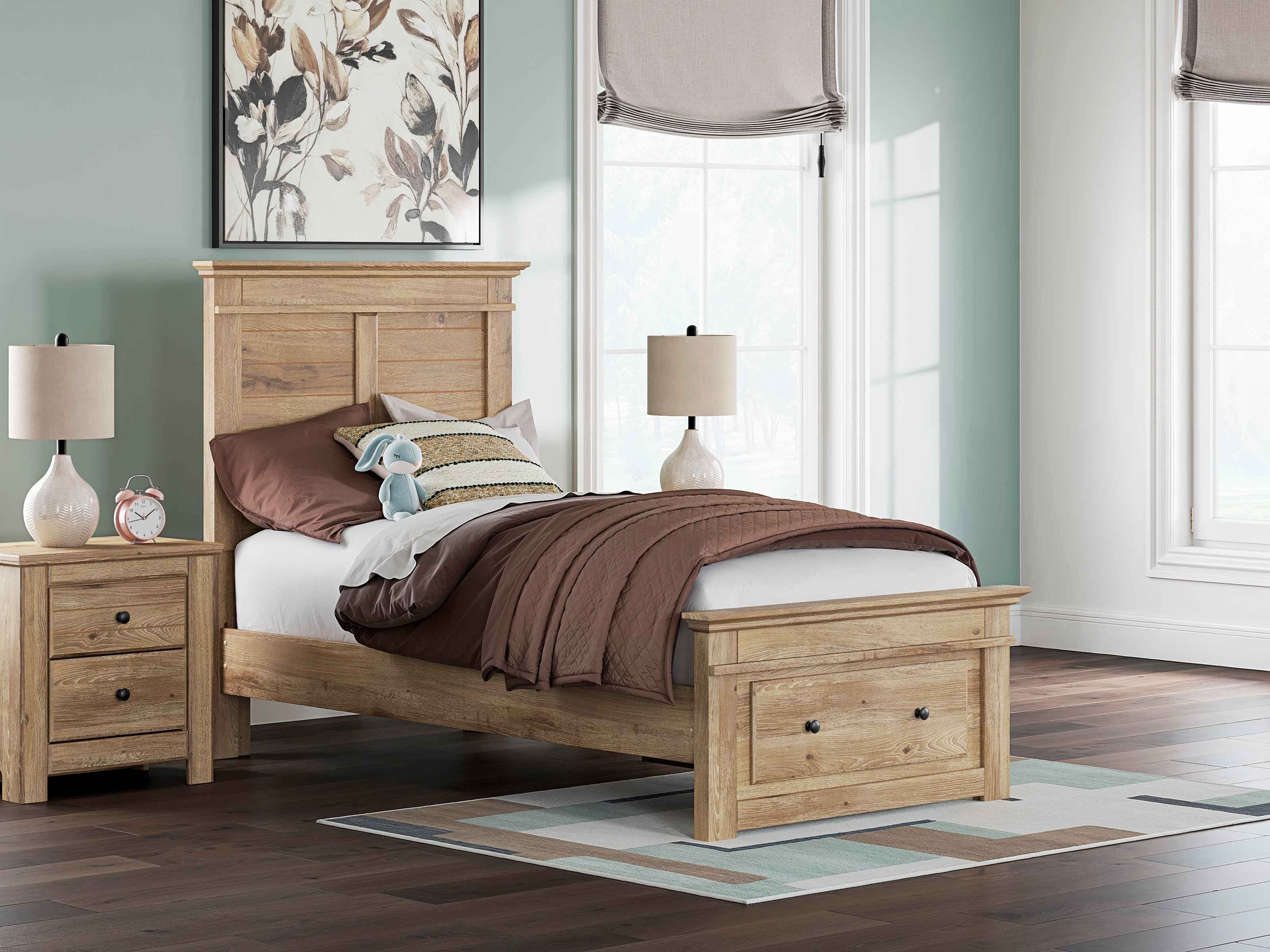 Makidern Tan Footboard Storage Youth Panel Bedroom Set with 2 Footboard Drawers - Image 3