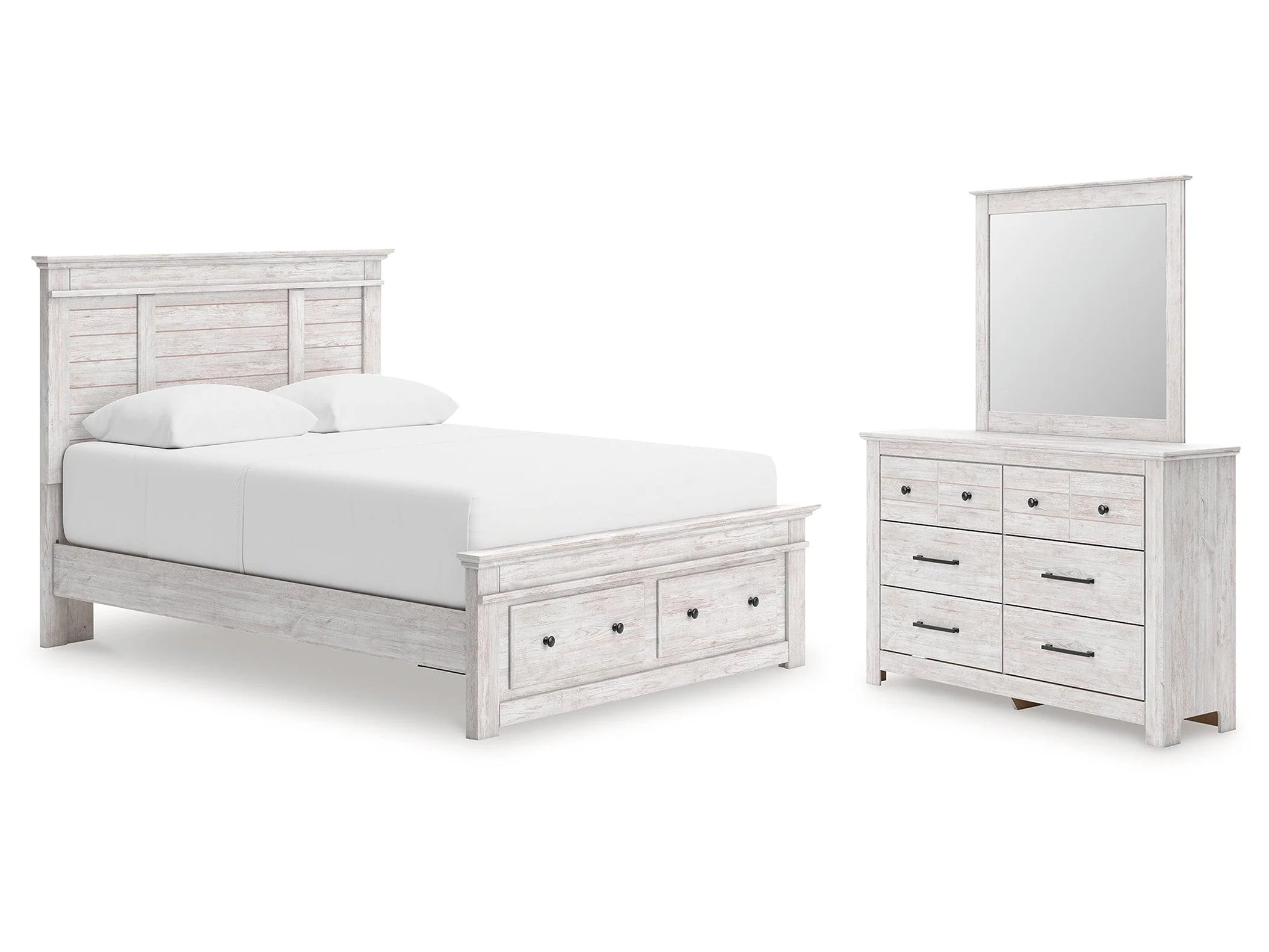 Makidern Whitewash Queen Panel Storage Bed, Dresser and Mirror