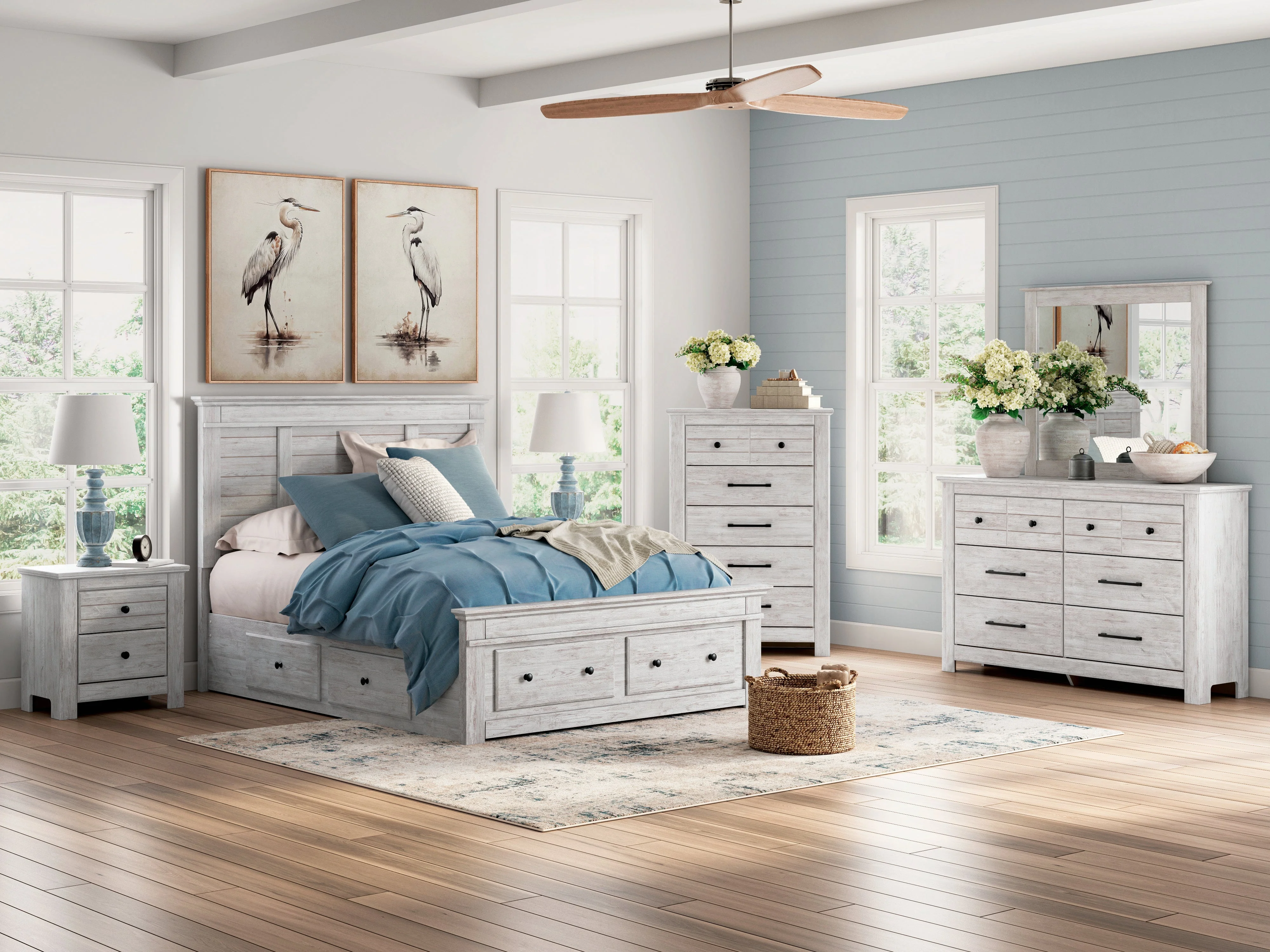 Makidern Whitewash Storage Panel Bedroom Set with 6 Drawers