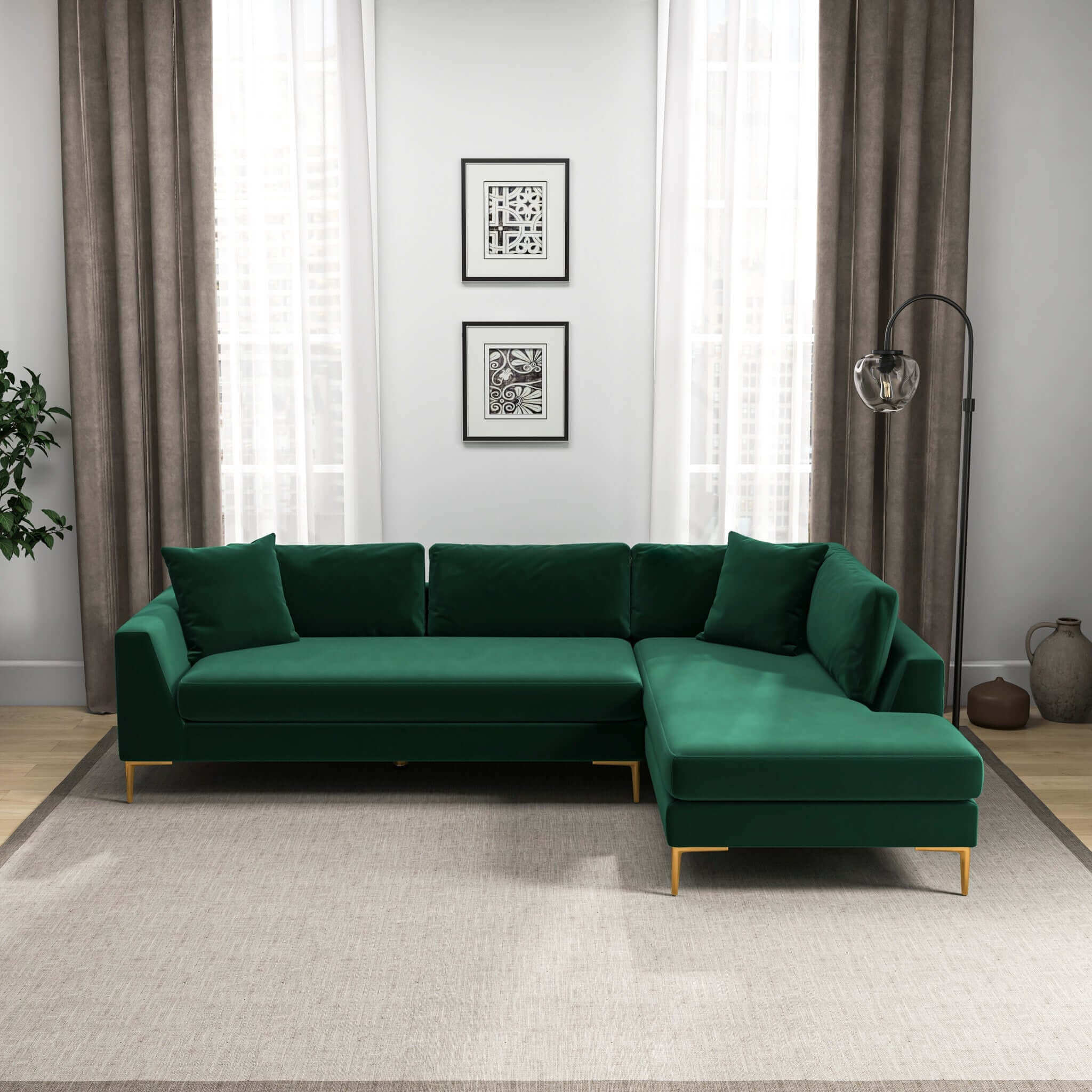 Mano  L-Shaped Velvet Sectional Sofa In Green Right Facing - Image 5