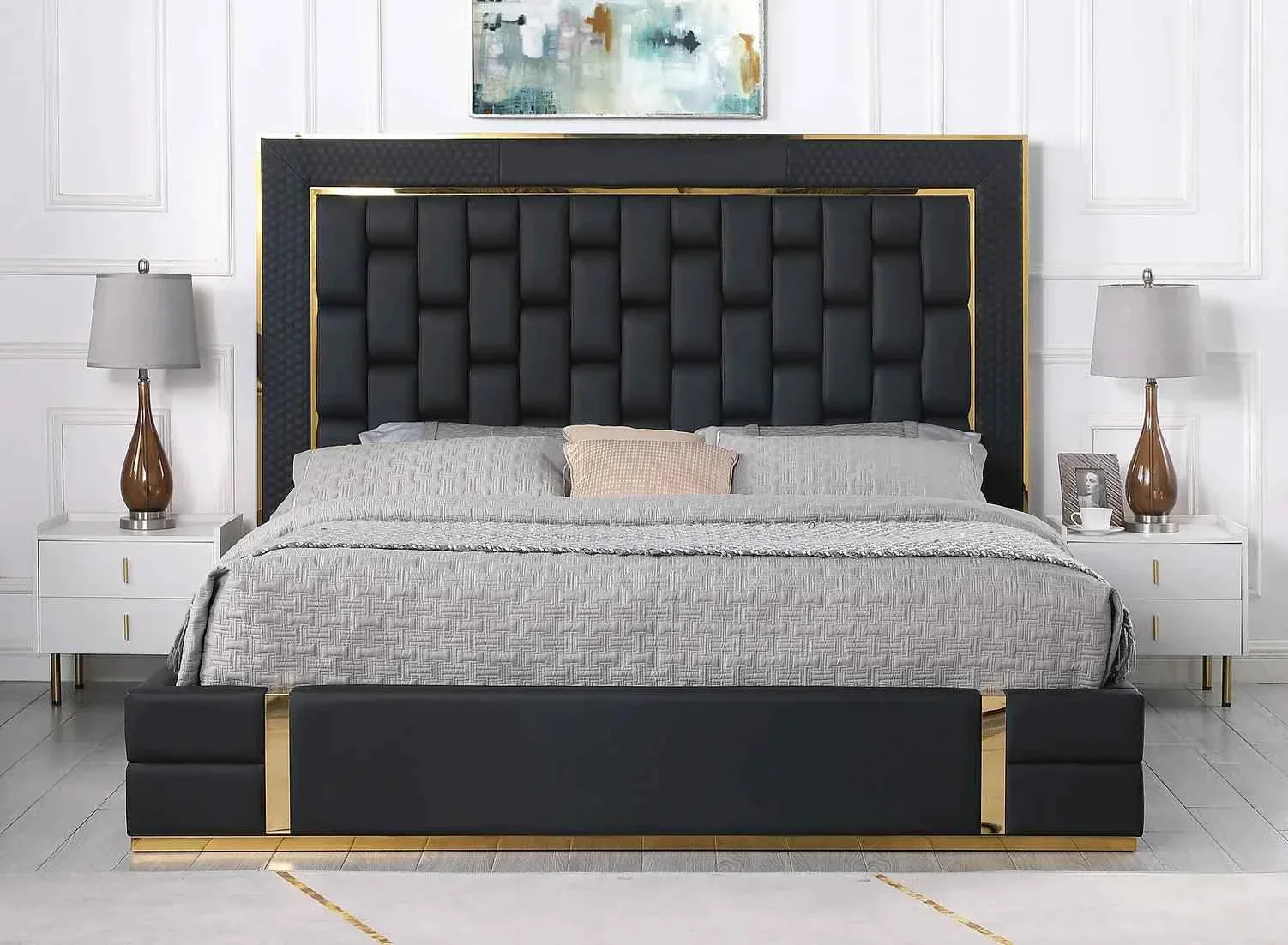 Marbella Black/Gold Queen Storage Platform Bed