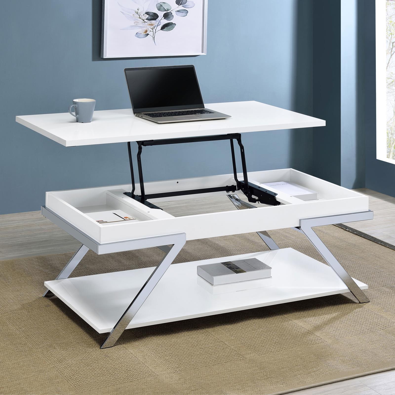 Marcia Wood Rectangular Lift Top Coffee Table White High Gloss and Chrome - Image 2