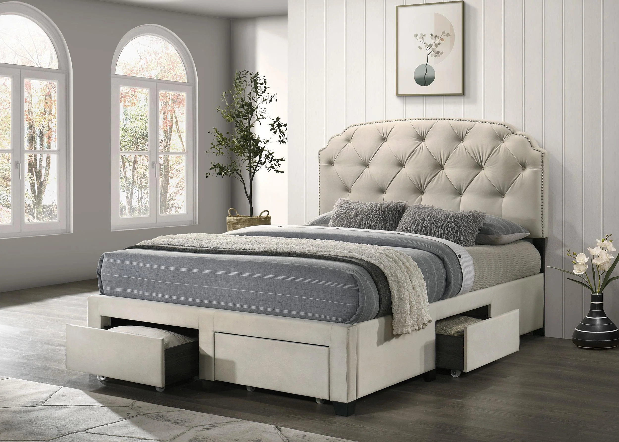 Marianna Cream 4-Drawer Upholstered Eastern King Storage Bed - Image 2