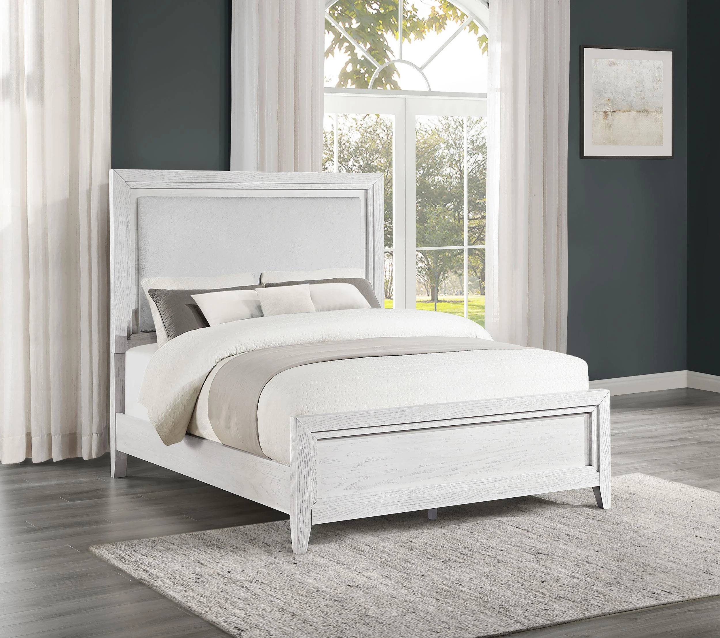 Marielle Distressed White Queen Upholstered LED Panel Bed