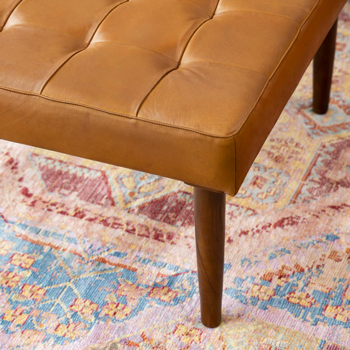 Mark Mid-Century Tufted Square Genuine Leather Upholstered Ottoman In Tan - Image 3