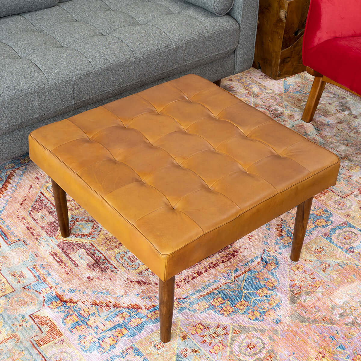 Mark Mid-Century Tufted Square Genuine Leather Upholstered Ottoman In Tan - Image 4