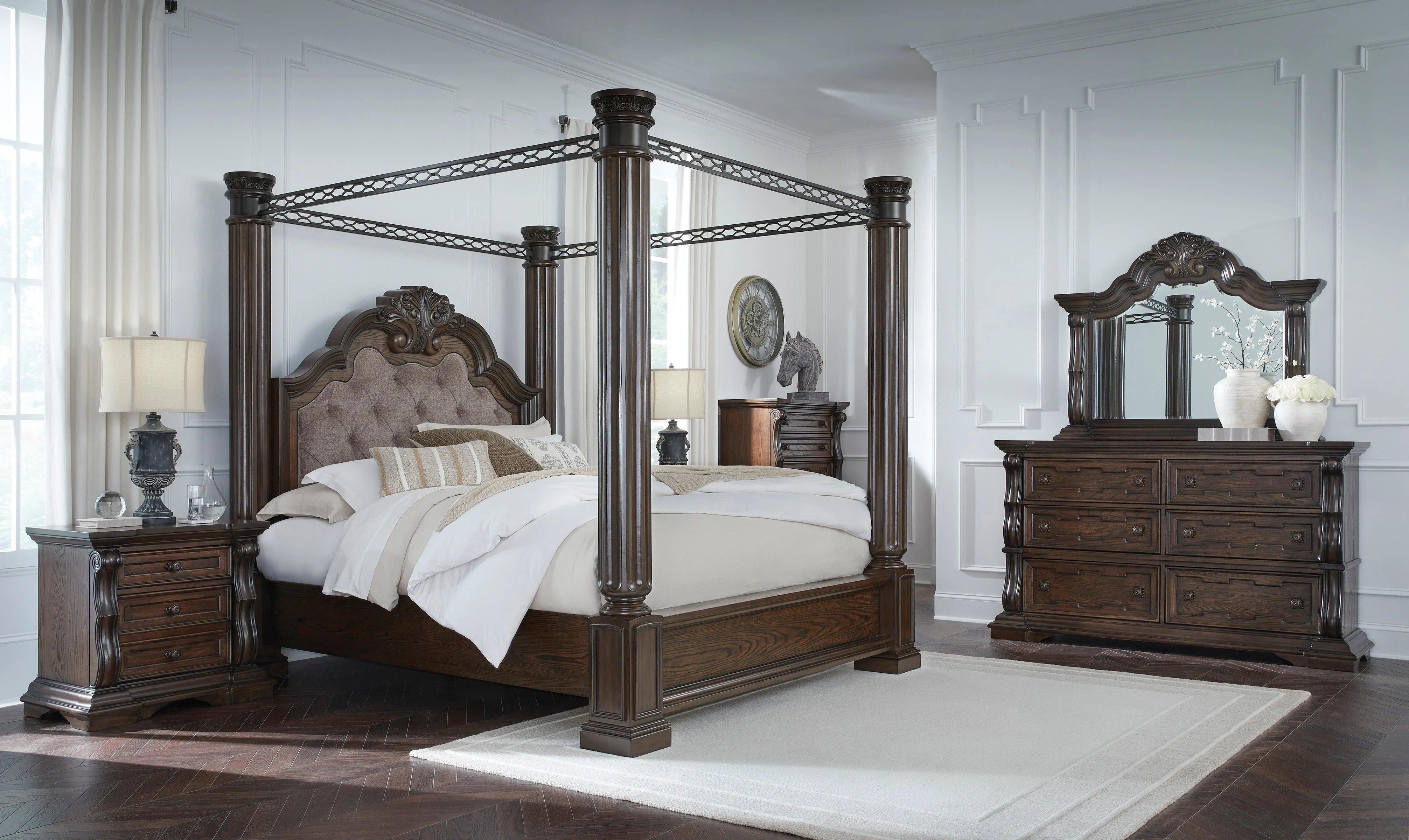 Maylee Dark Brown King Upholstered Canopy Bed - Image 10