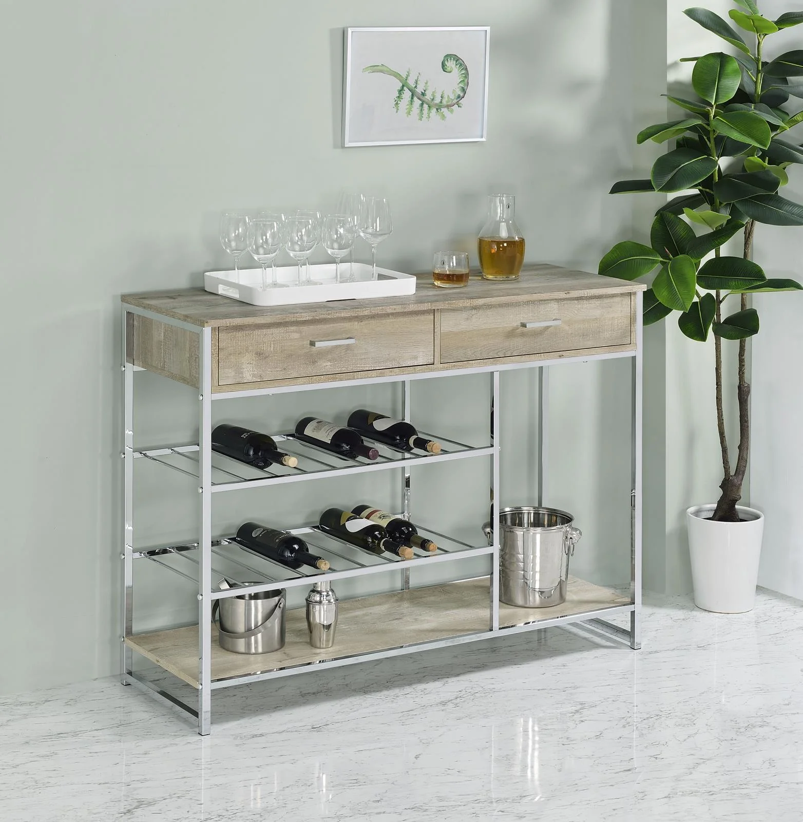 Melrose Gray Washed Oak and Chrome 2-shelf Wine Cabinet with 2 Drawers