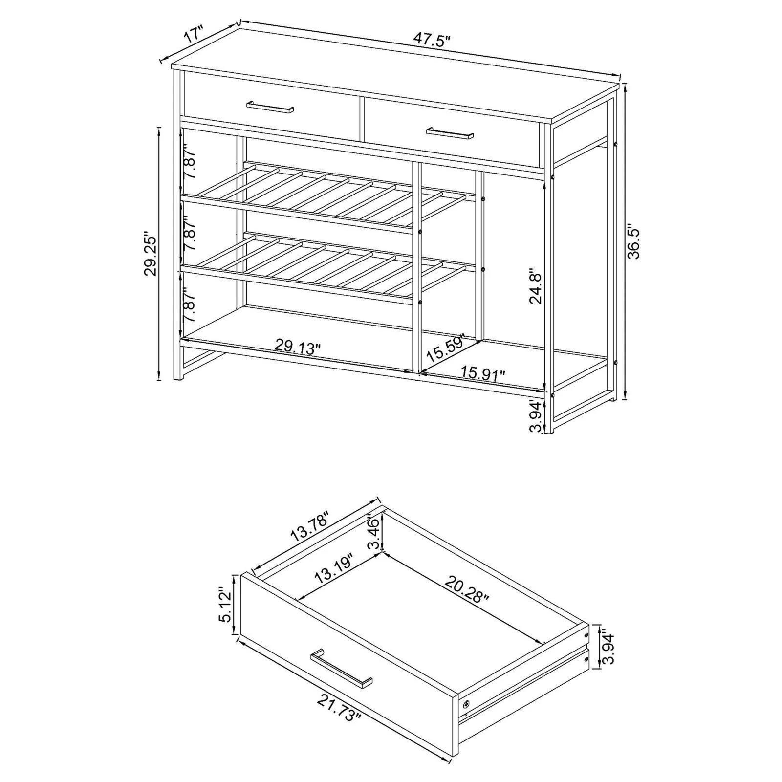 Melrose Gray Washed Oak and Chrome 2-shelf Wine Cabinet with 2 Drawers - Image 10