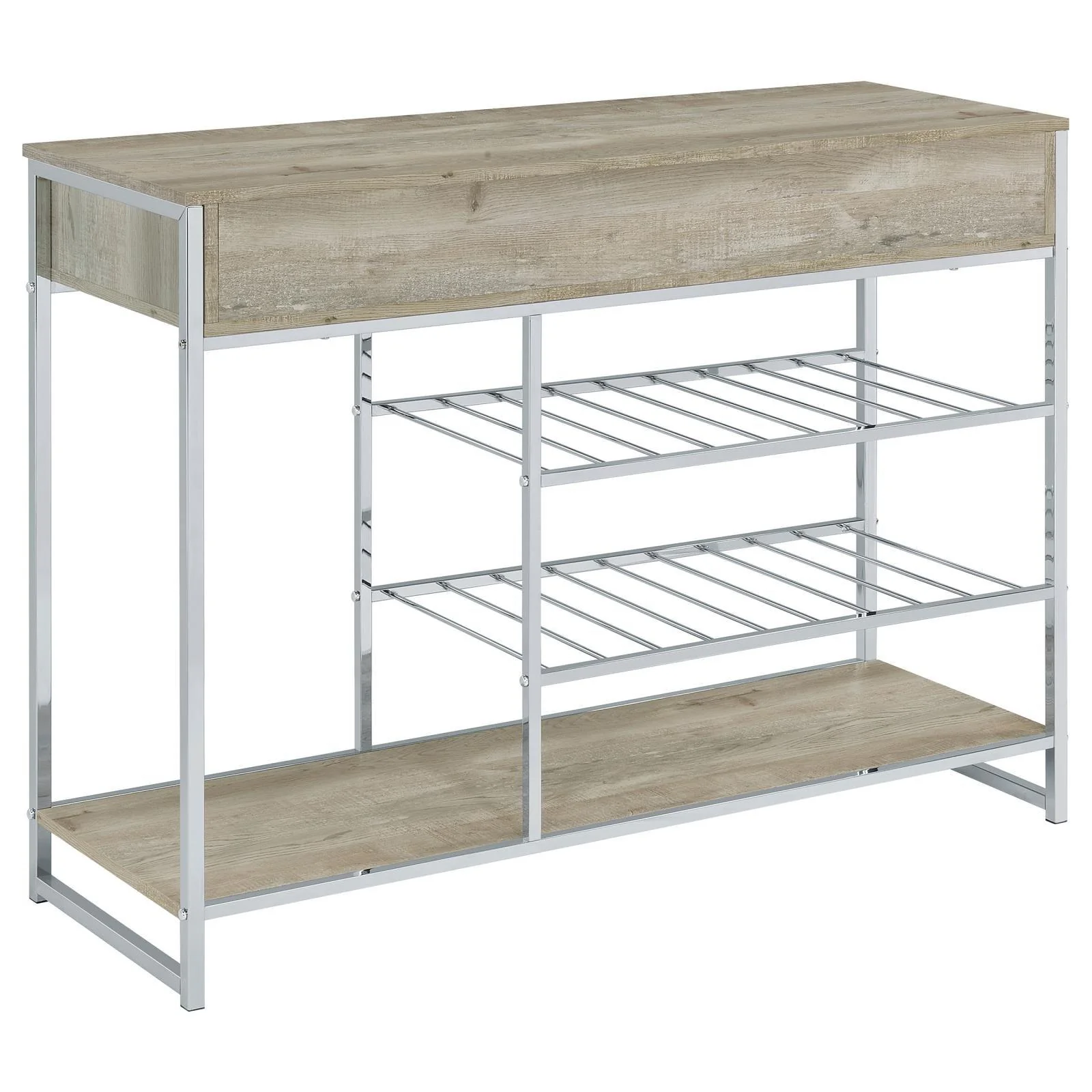 Melrose Gray Washed Oak and Chrome 2-shelf Wine Cabinet with 2 Drawers - Image 5