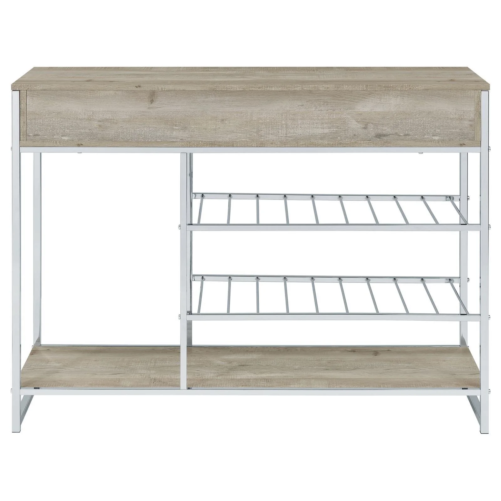 Melrose Gray Washed Oak and Chrome 2-shelf Wine Cabinet with 2 Drawers - Image 6
