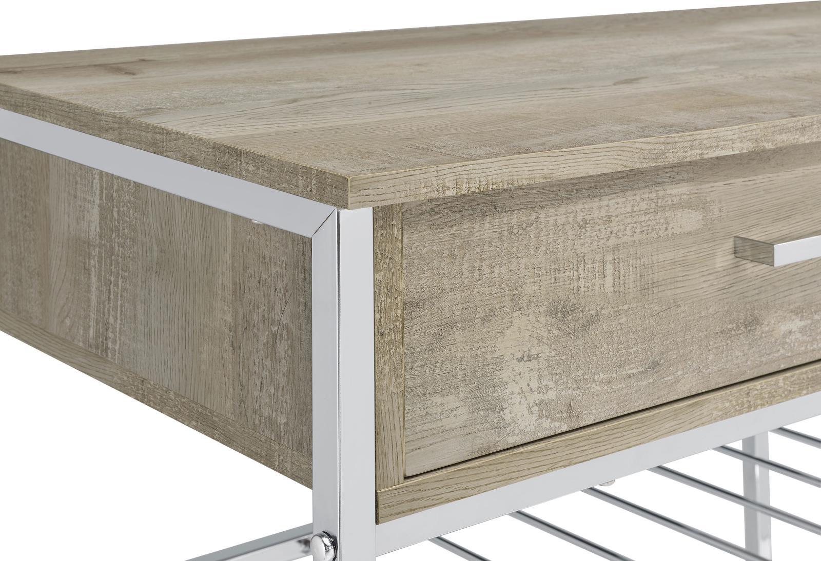 Melrose Gray Washed Oak and Chrome 2-shelf Wine Cabinet with 2 Drawers - Image 8