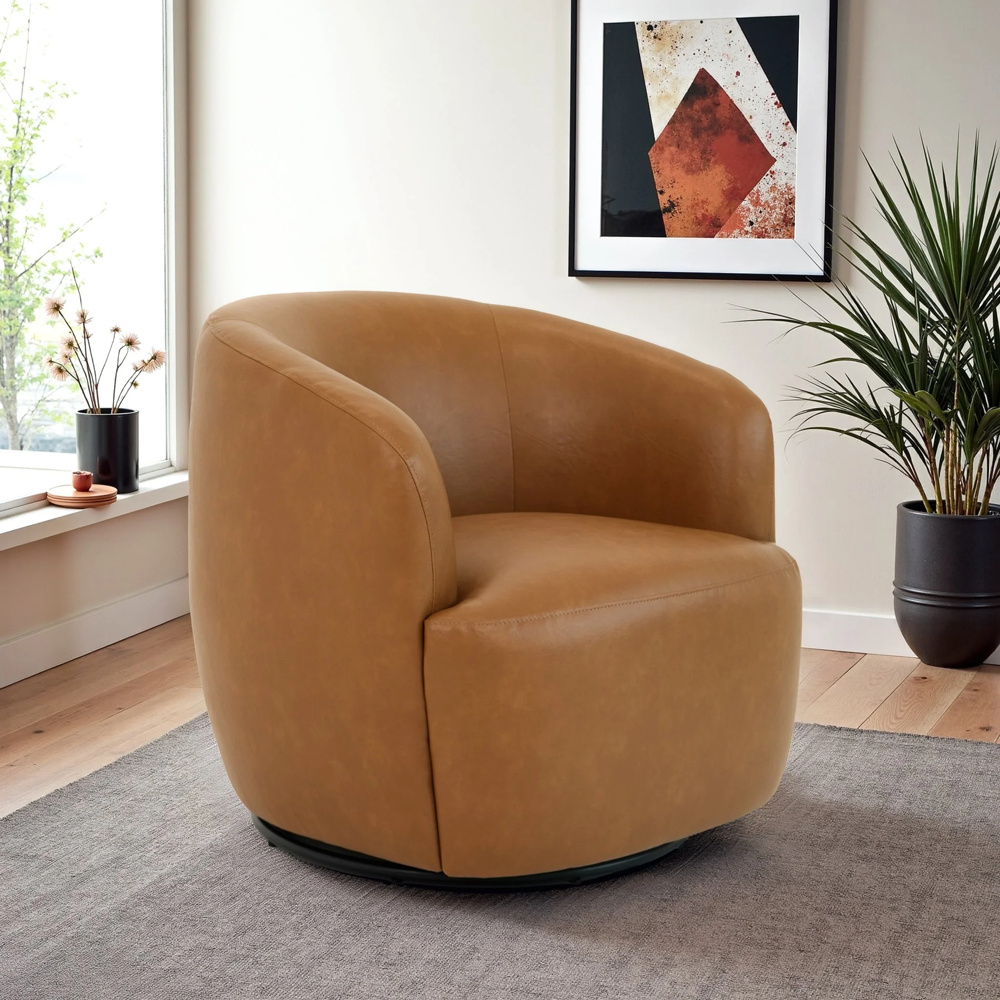 Mina 32" W Tan Vegan Leather Upholstered Swivel Barrel Chair - Image 2