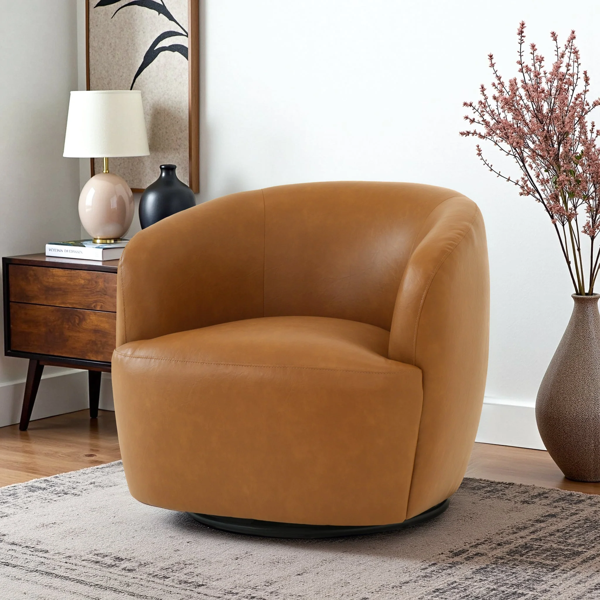 Mina 32" W Tan Vegan Leather Upholstered Swivel Barrel Chair - Image 3