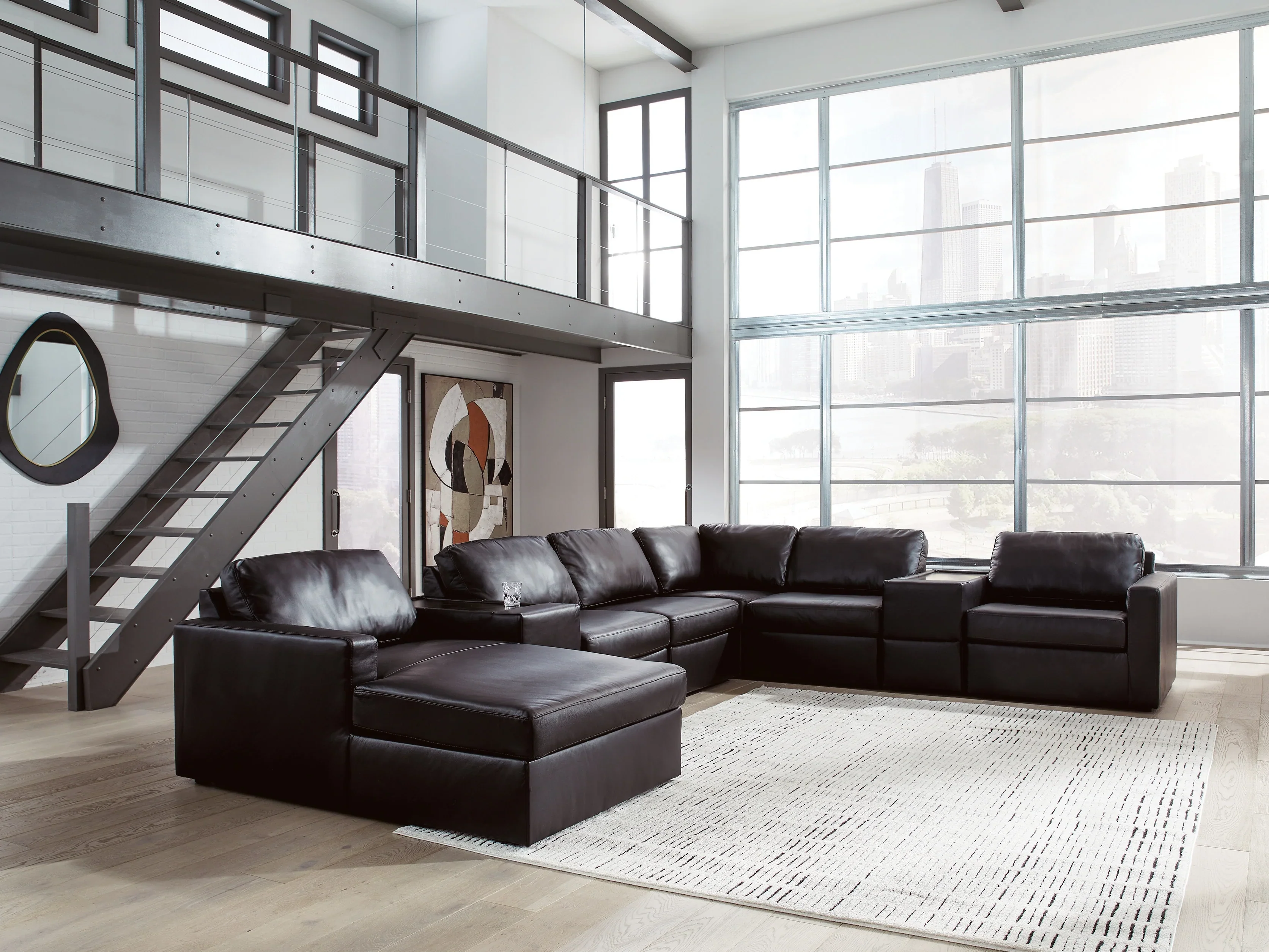 ModMax II Black Leather 8-Piece Sectional with Chaise and Storage Consoles