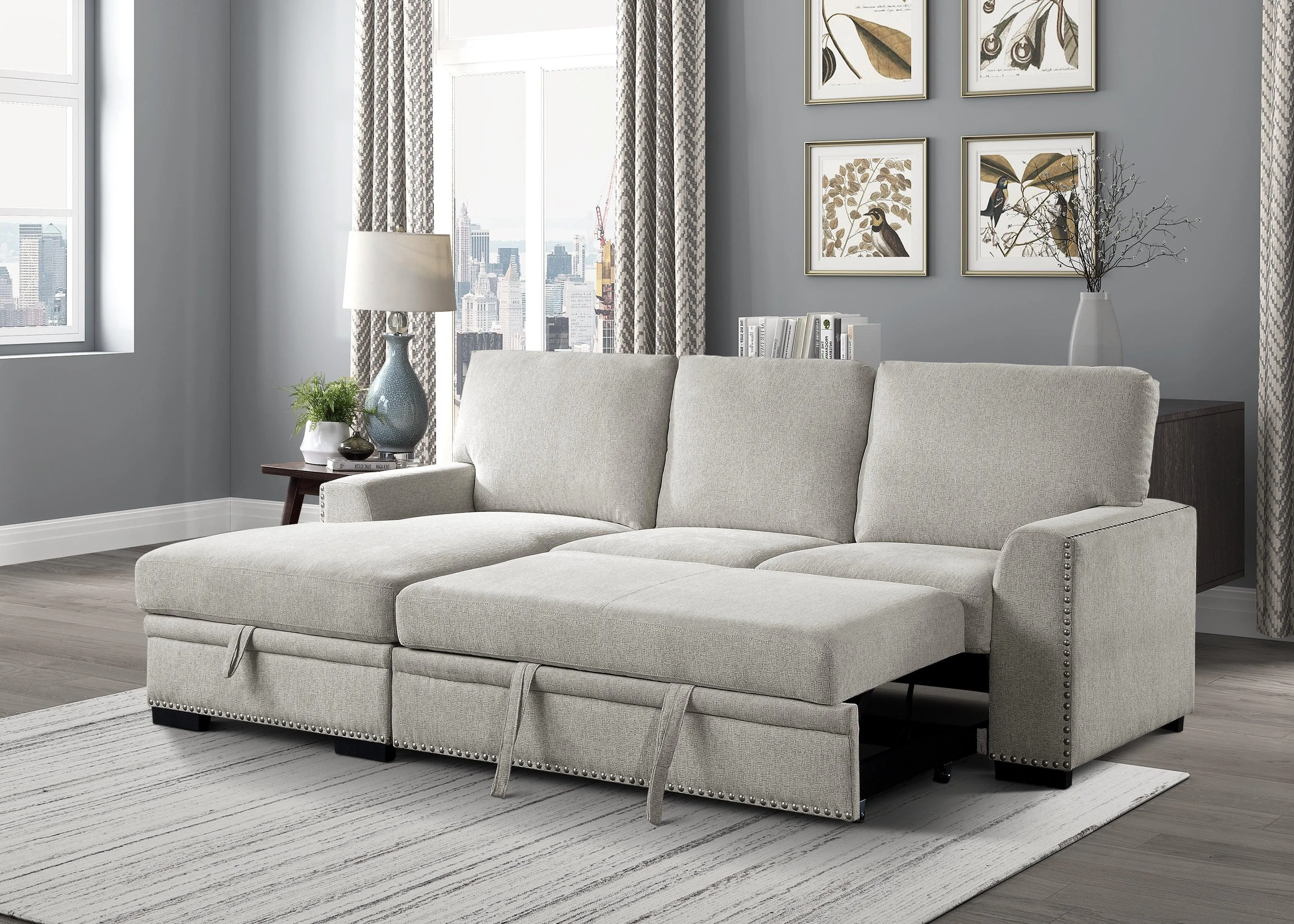 Morelia 2-Piece Sectional with Pull-out Bed and Left Chaise with Hidden Storage In Beige - Image 10