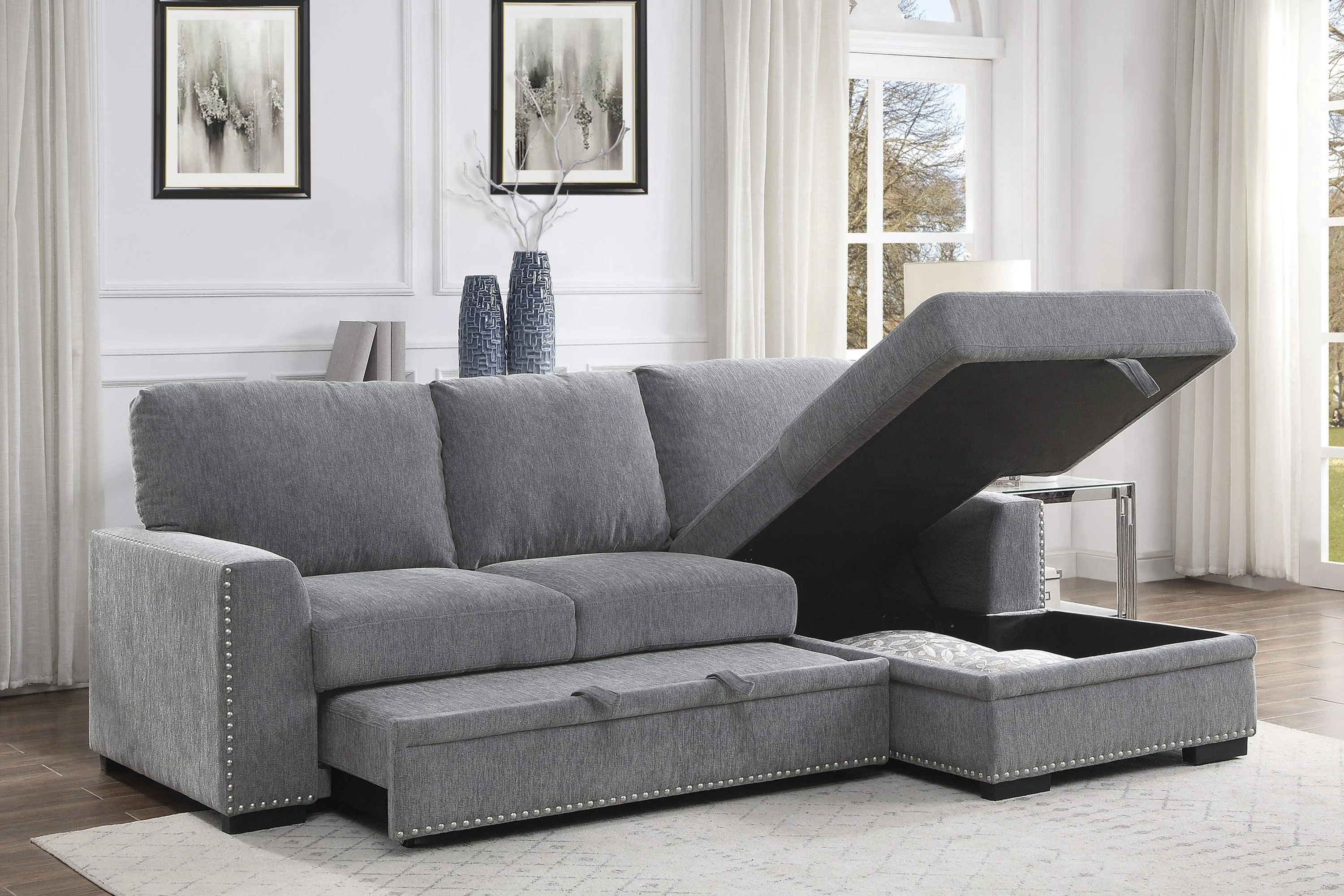 Morelia 2-Piece Sectional with Pull-out Bed and Right Chaise with Hidden Storage In Gray - Image 2
