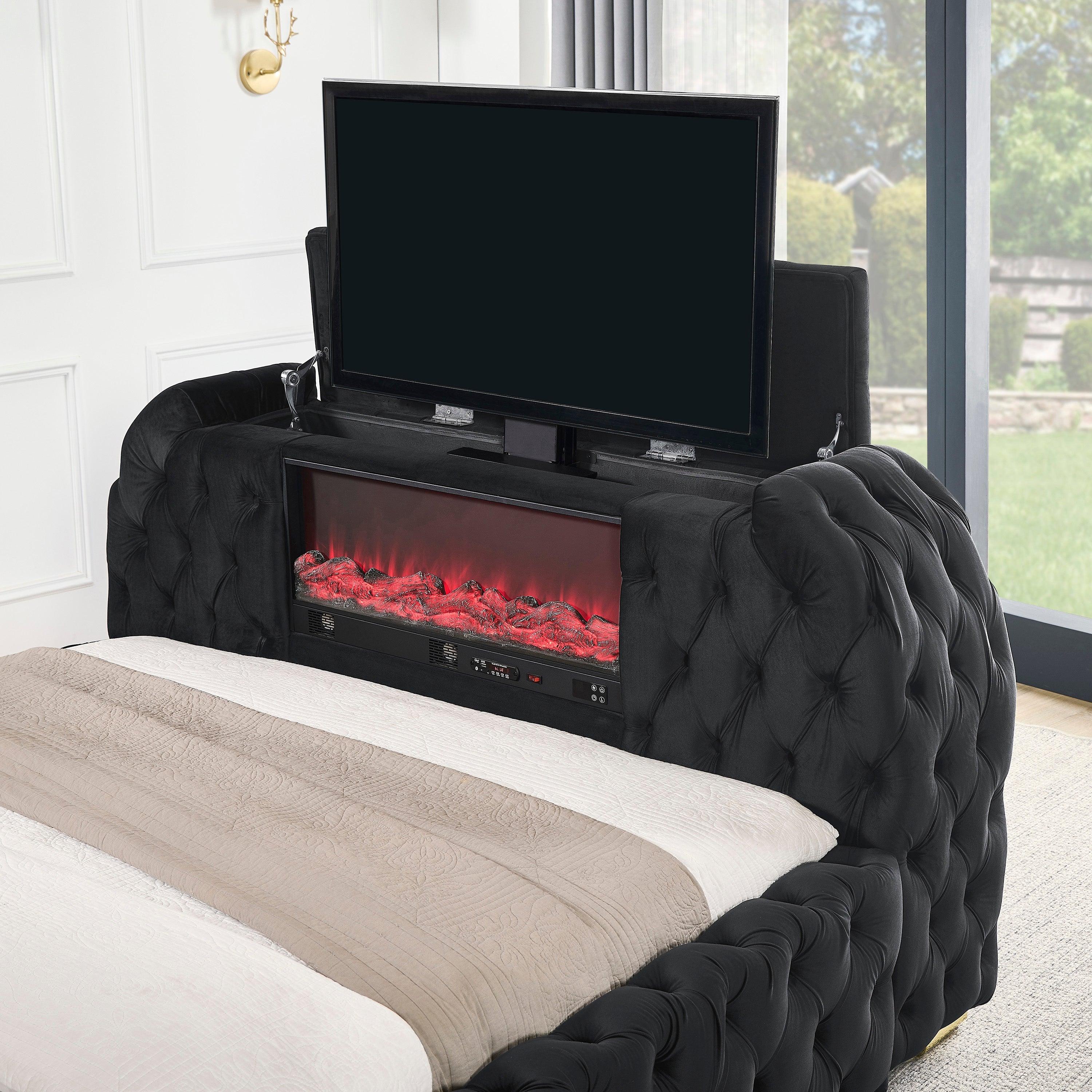 Natalia Black Upholstered Bedroom Set with TV Lift - Image 2