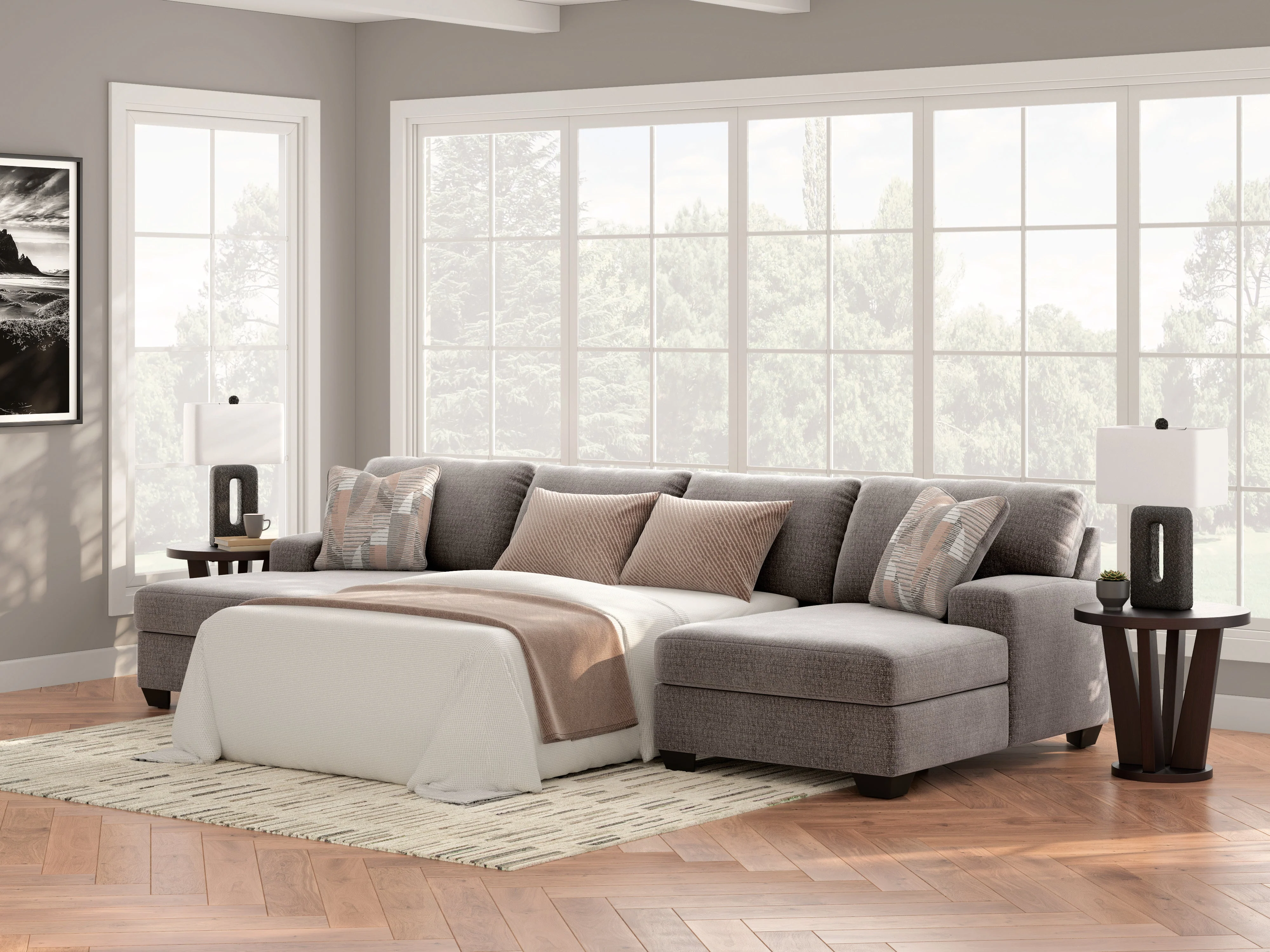 Newellen Greystone 3-Piece Double Chaise Sleeper Sectional