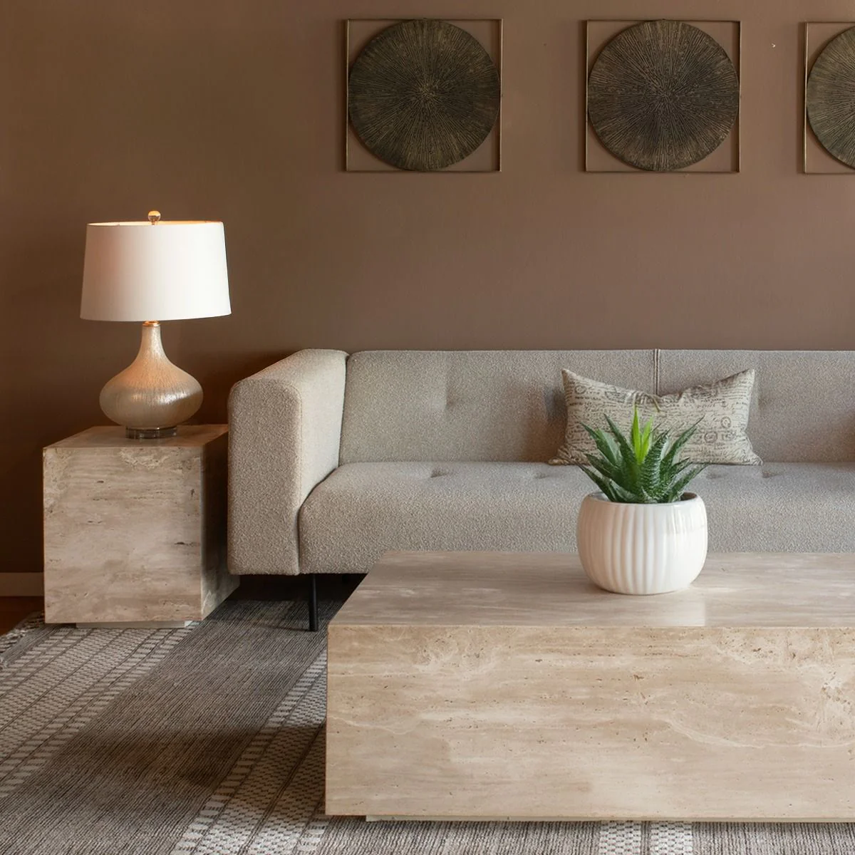Nile 18" Drum Side Table in Travertine Stone - Image 3